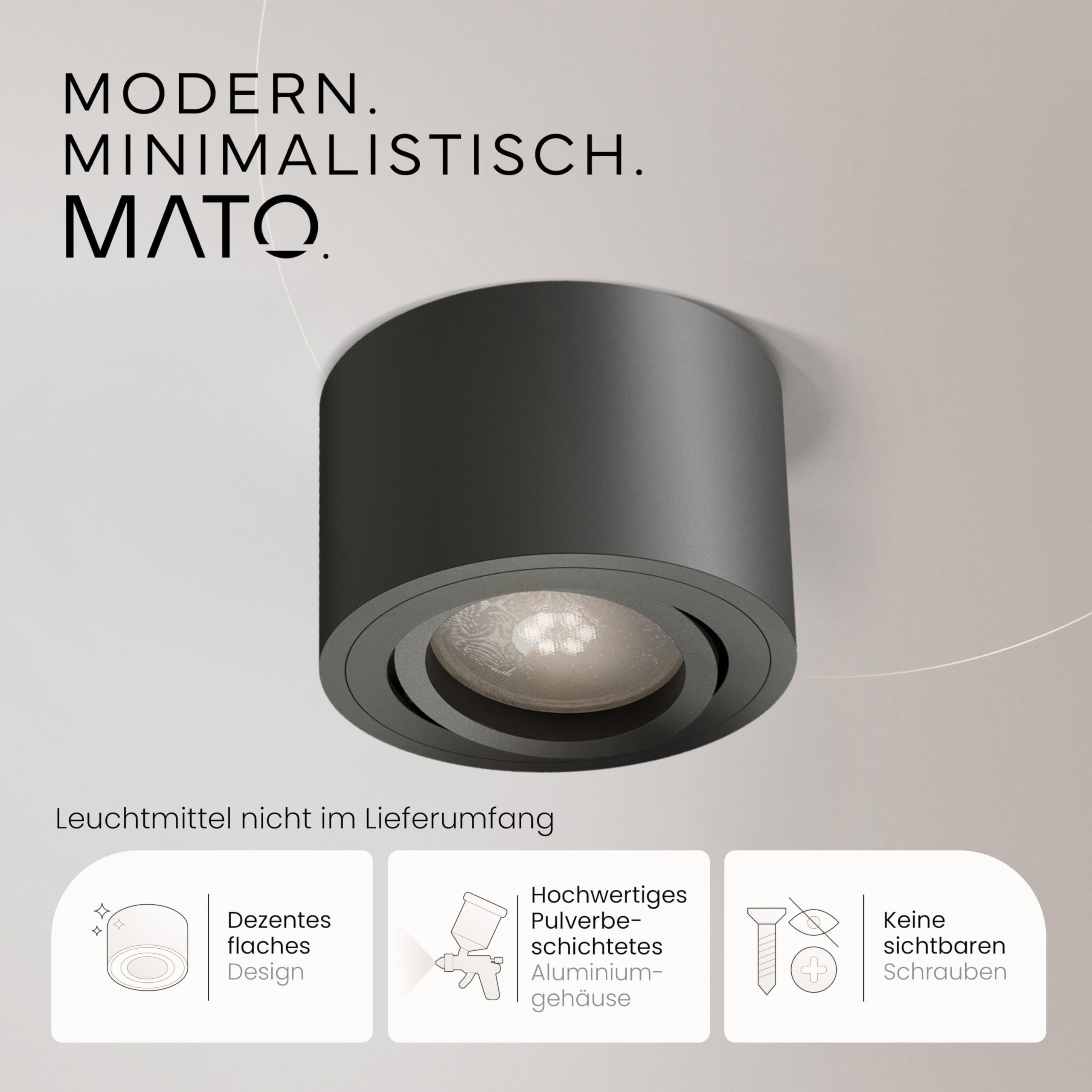 MATO 6x Aufbauspot schwarz - extra flach & schwenkbar - Ø80x50mm - Aufputz Spots Decke ohne Leuchtmittel - Deckenspots, Aufbaustrahler, Aufbauleuchte für LED Module mit 50mm