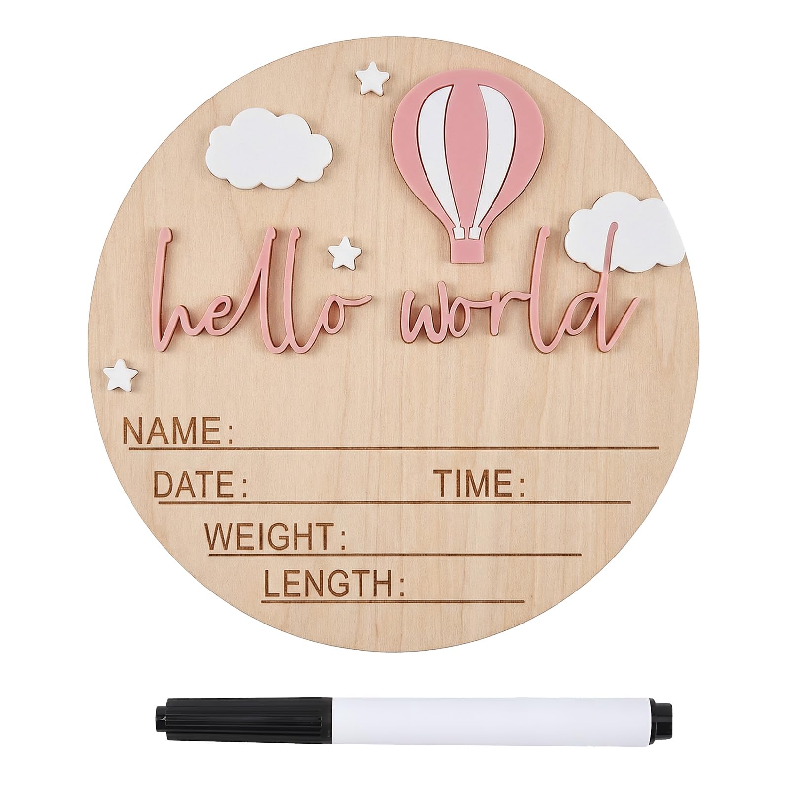 1Pc Hello World Sign 15cm/5.9in Wooden Baby Announcement Sign Babies Name and Birth Plaque for Nursery Home Hospital Newborn Gift (Pink)