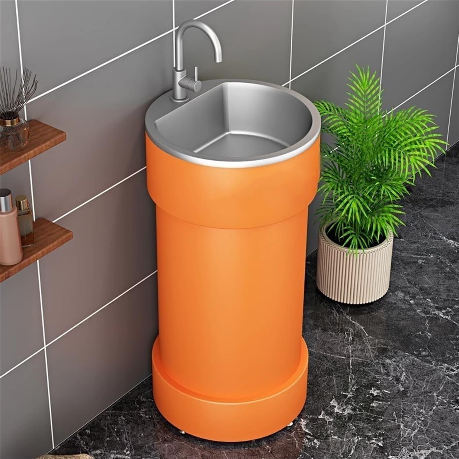 Lavabo da Bagno Moderno A Colonna Autoportante con Base in Acciaio Inox, Forma Rotonda per Bagno Residenziale E Commerciale, Design Elegante, Nero.,Red