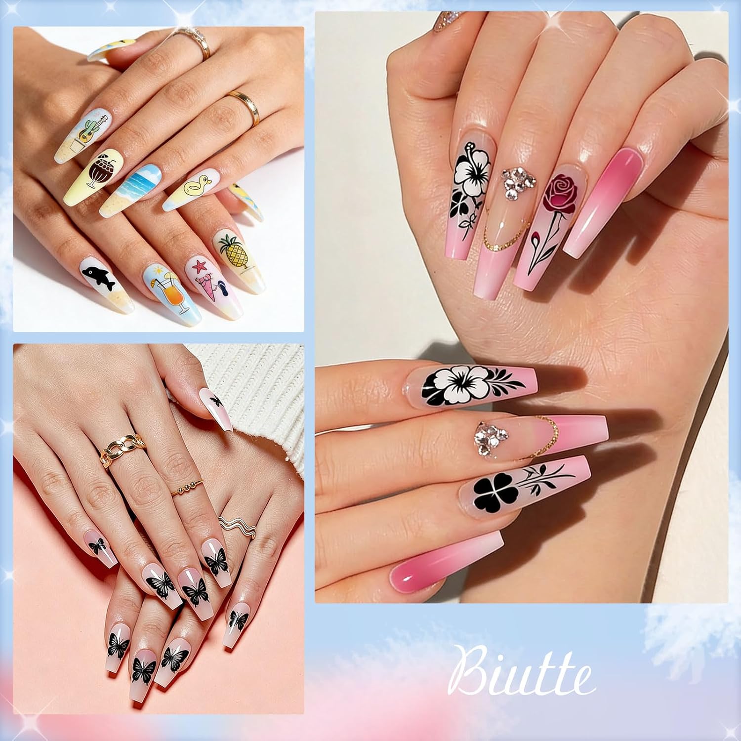 Biutee Nail Stamping Kit with 8 Gel Stamping Polishes, 15 Nail Stamping Plates, Nail Stamper, 2 Scrapers, Storage Bag, Flower Butterfly Summer Animal DIY Nail Art Kit for Beginners Women