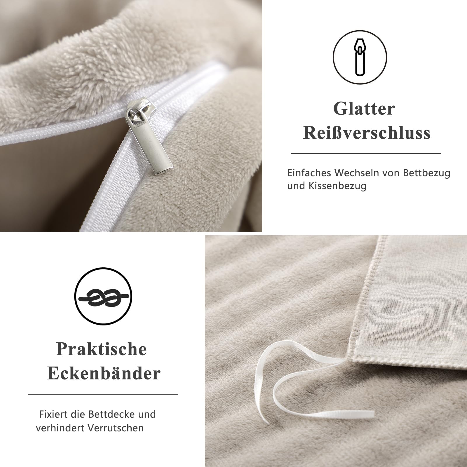 RUIKASI Winter Plüsch Bettwäsche 155x220 2teilig Beige - Warme Kuschelig Weich Flauschige Flanell Fleece Bettwäsche Luxus Wende Bettbezug mit Reißverschluss und 1 Kissenbezug 80x80cm
