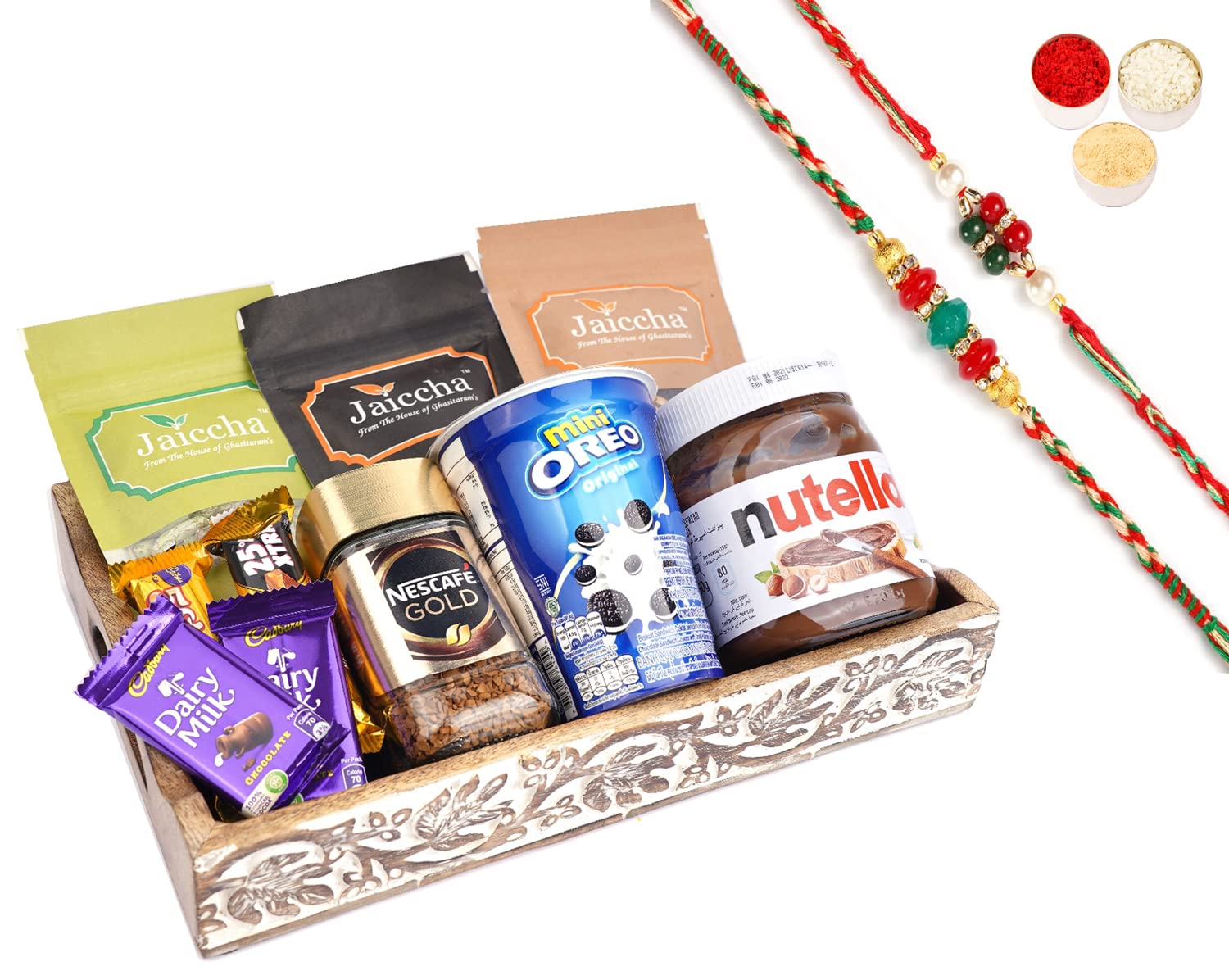 Jaiccha Ghasitaram Rakhi Gifts for Brothers Wooden Serving Tray of 10 Goodies with 2 Rakhis-image-39
