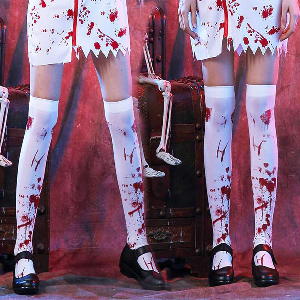 White Blood Stained Stockings, Elastic Bloody Socks Halloween Adults Spooky Hold Up Stockings for Women Over Knee Zombie Schoolgirl Fancy Dress Bloody Hold Up Tights