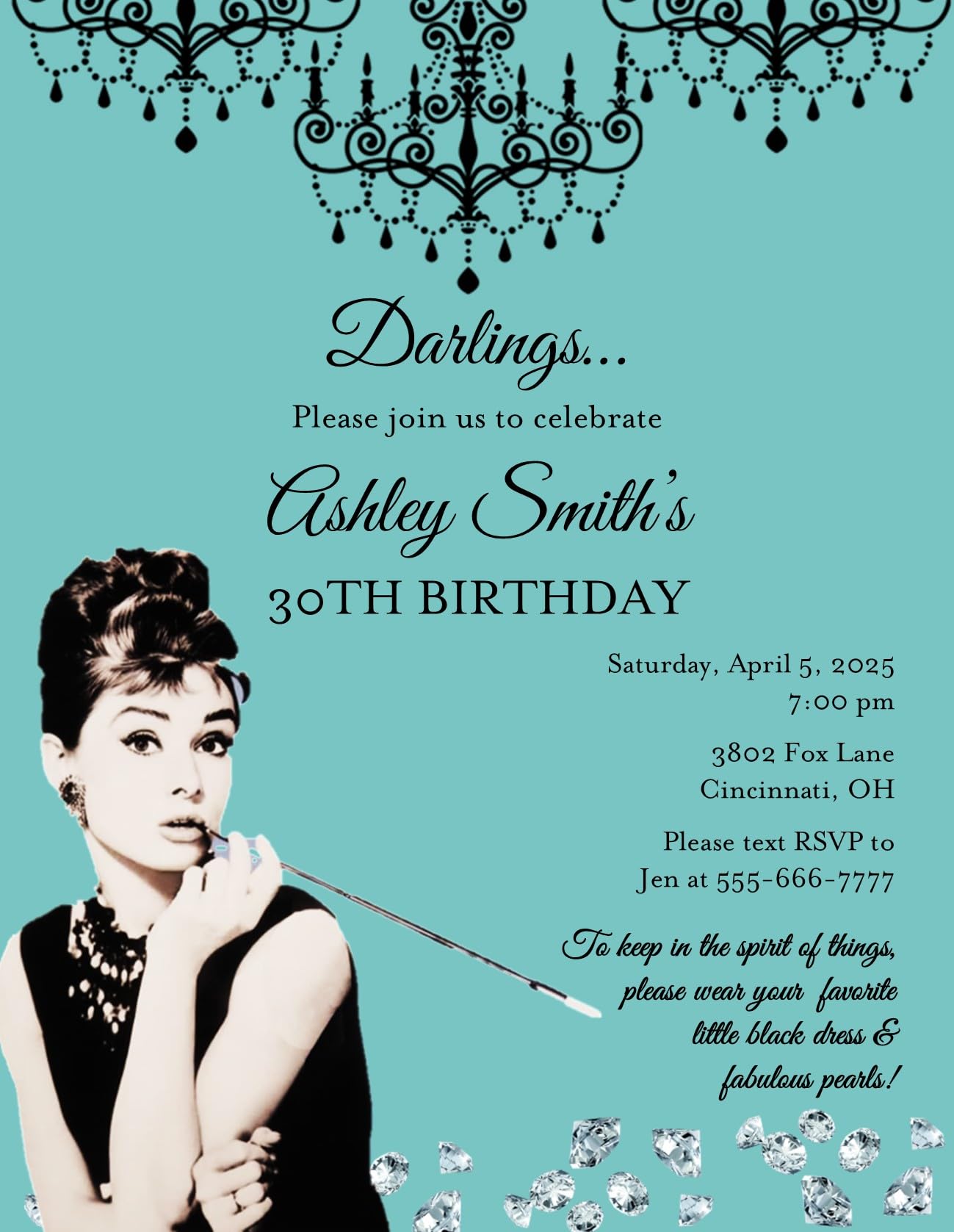Amazon.com: Birthday Party Invitation Milestone Birthday Breakfast at  Tiffany's Any Age 21 30 40 50 60 70 80 : Home & Kitchen