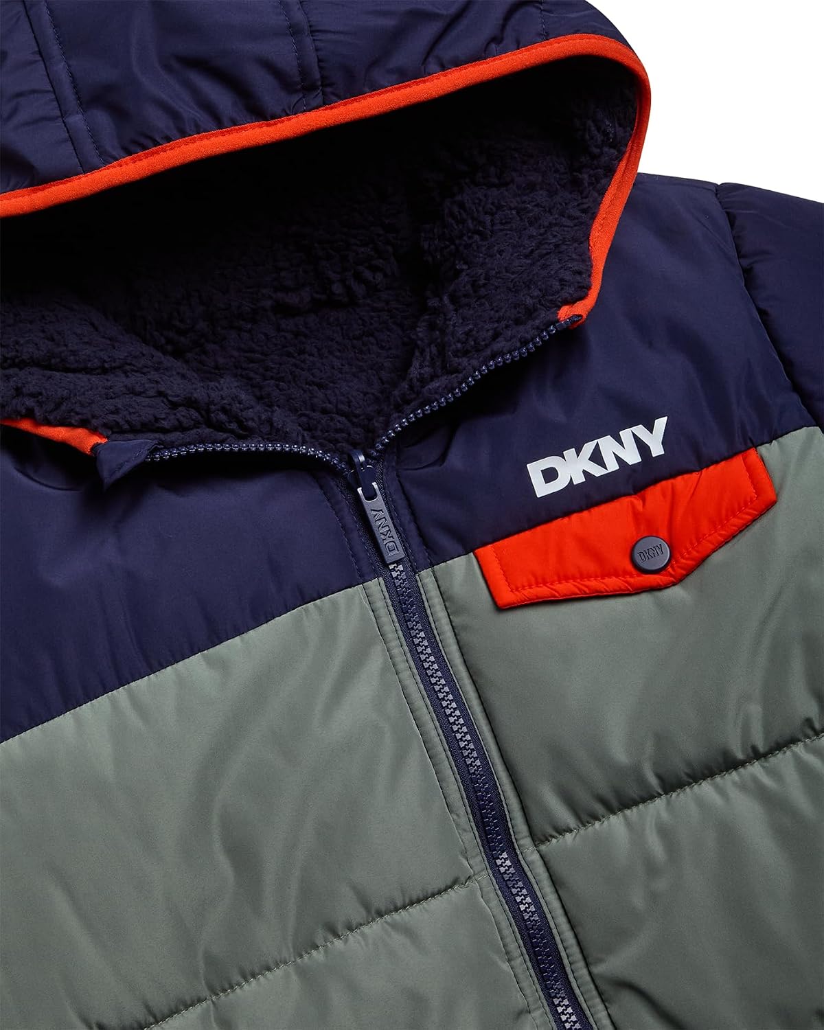 DKNY Boys Puffer Jacket - Reversible Zip Up Kids Winter Coat Sherpa Jacket with Hood - Outerwear Jackets for Boys