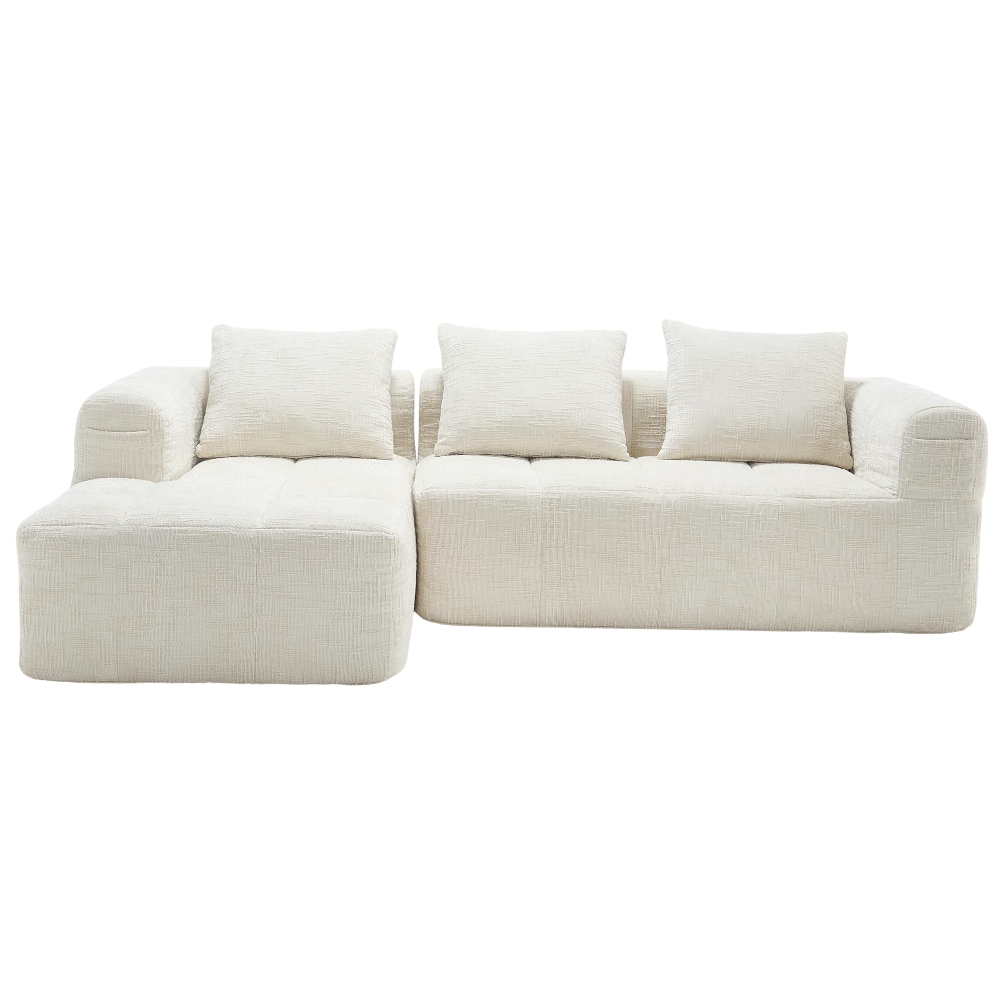 Divano moderno componibile, divano a L, divano a 3 posti con chaise longue e braccioli, 3 cuscini, tasca laterale per telecomando, divani in ciniglia, Beige