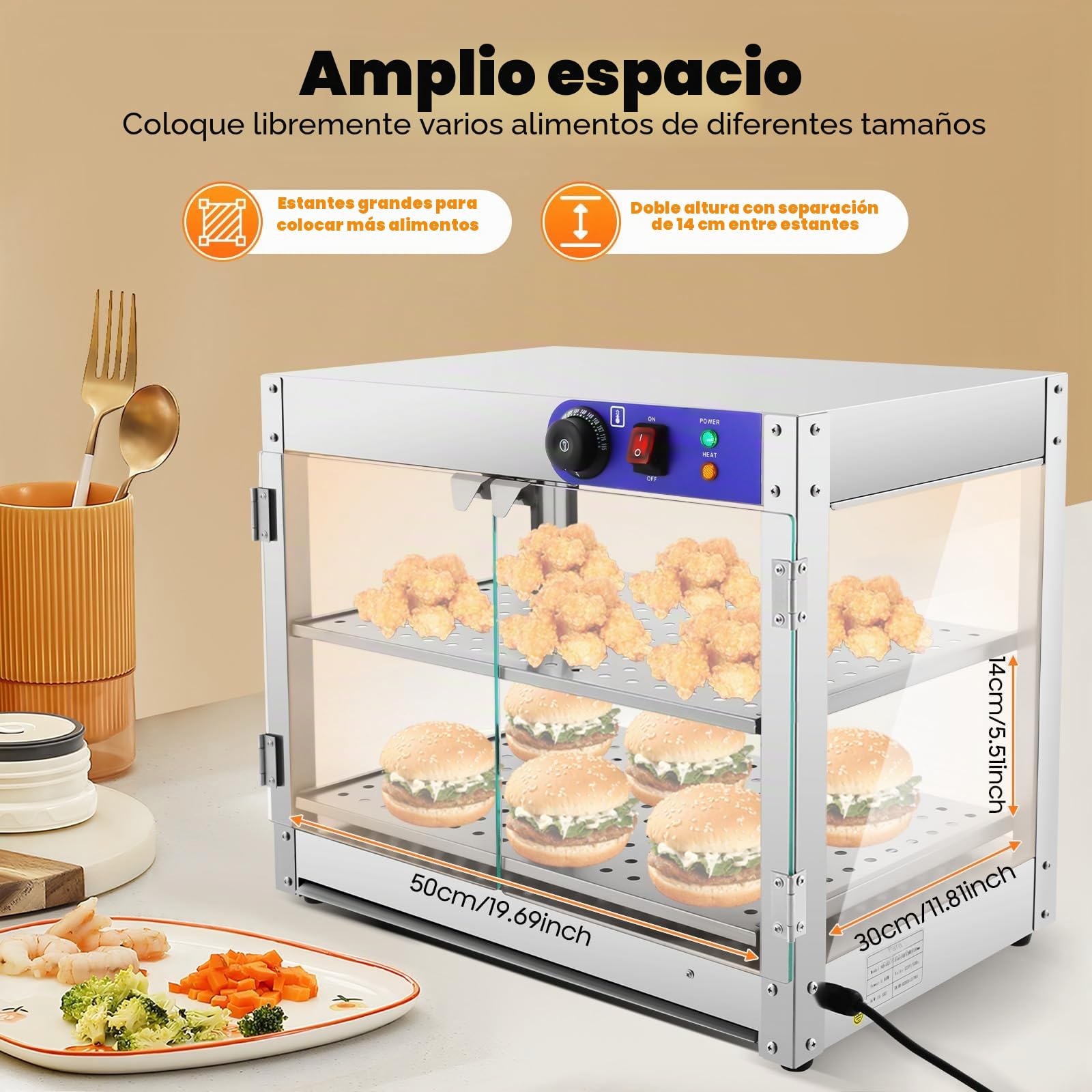 Vitrina de encimera, mostrador caliente, vitrina para mantener el calor, vitrina térmica de 30 – 85 °C, iluminación interior, estante de alambre de 2 niveles, con pinzas, cristal comercial