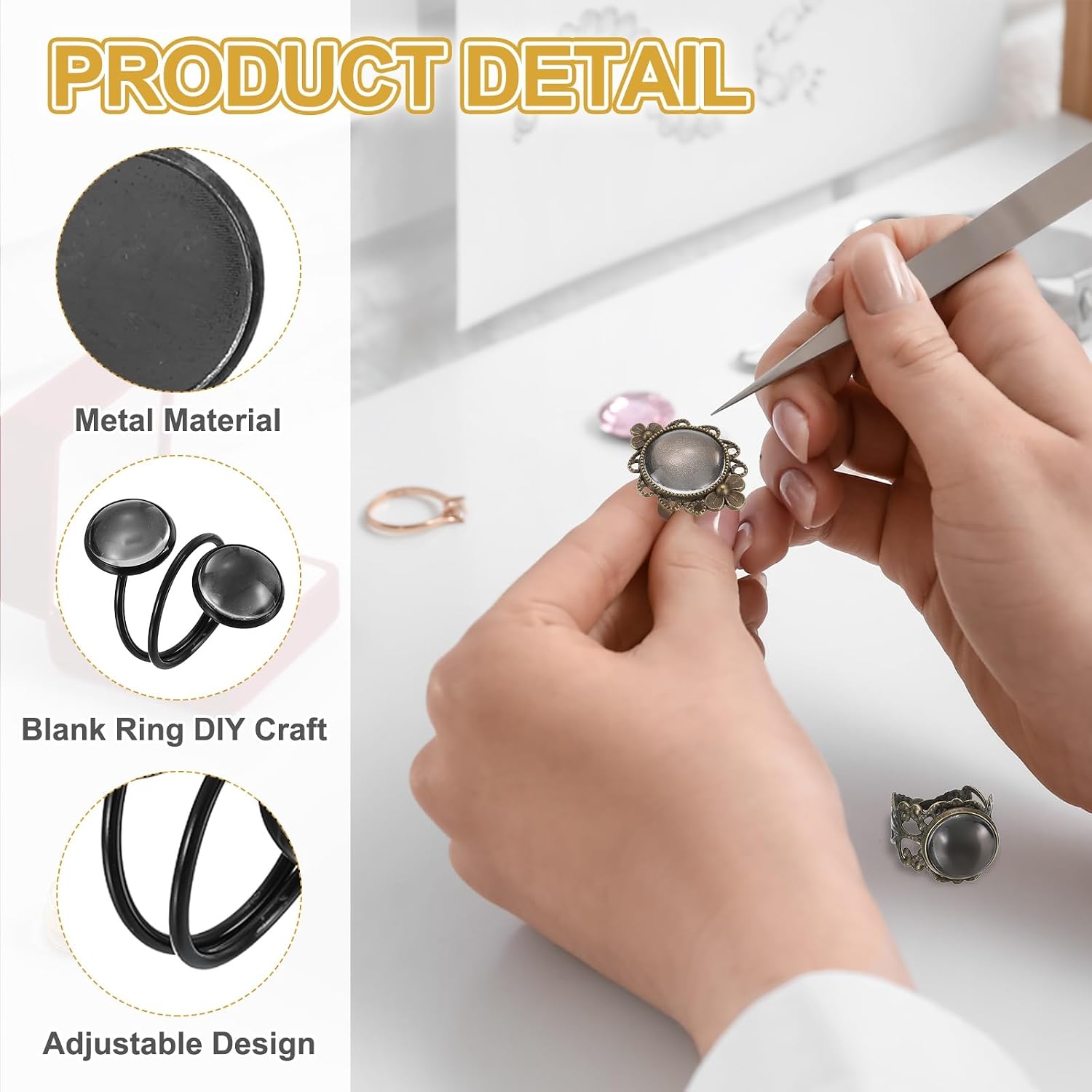 MECCANIXITY 10Pcs Metal Ring Base Blank, 12mm Adjustable Cabochon Blank Base Flat Ring Bezel Tray with 20Pcs Clear Glass Cabochon for Jewelry Making DIY Carving (Grey)