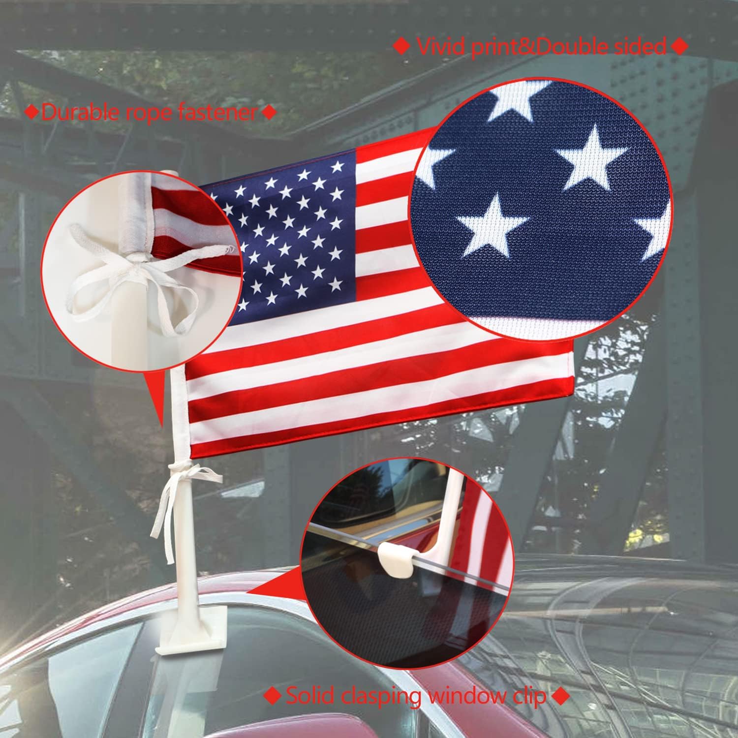 Anley Car Flag with Flagpole Mount & American Flag - 17" x 11" Premium Double Sided USA Flag - 19" Flag Pole Fixed Window Clip Mount For Most Vehicle Window(2 Pack)