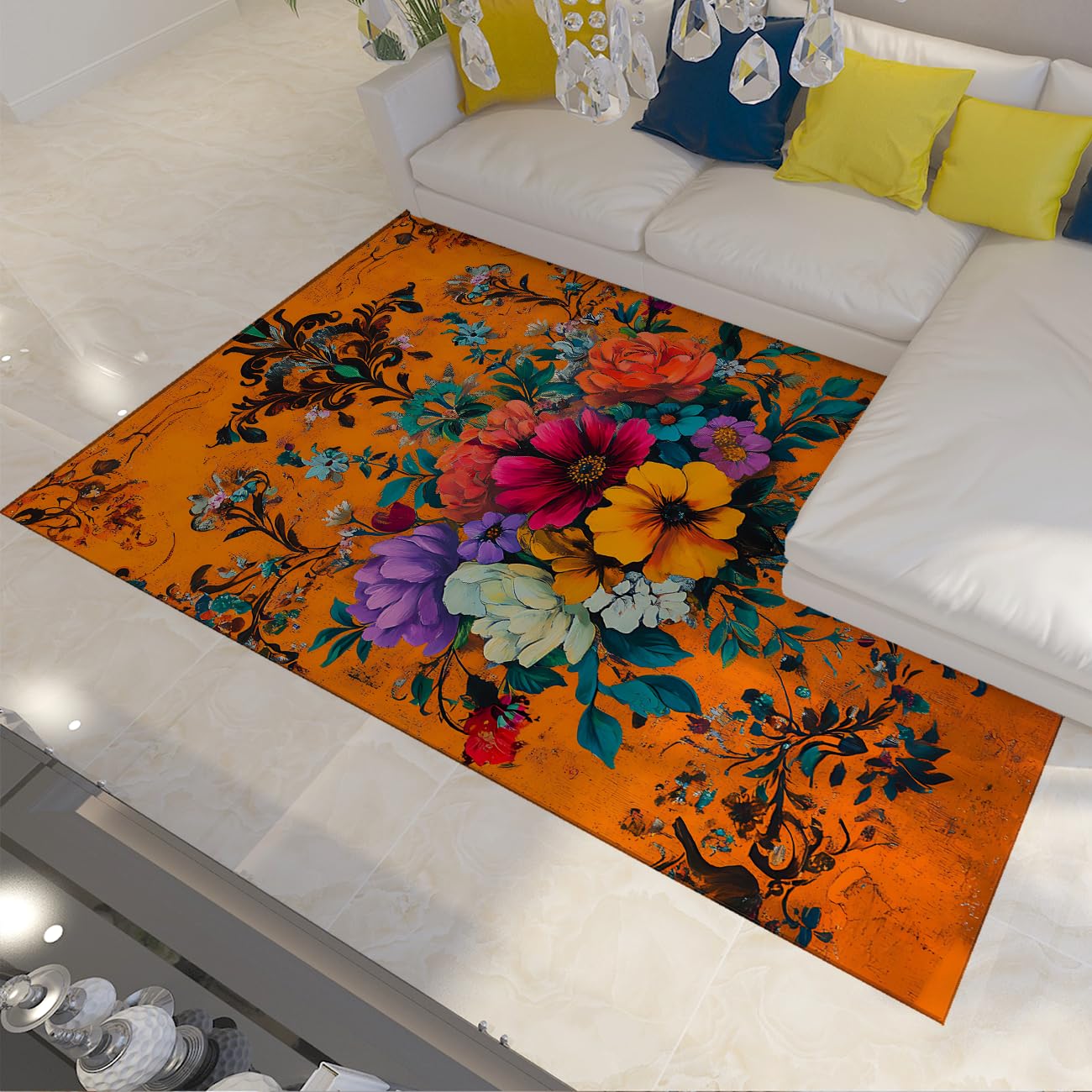 Tapis orange rétro floral salon doux antidérapant 140x180cm chambre