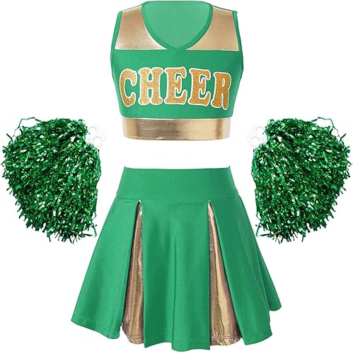 FEESHOW Disfraz de líder de animadora para niñas, uniforme de animadora, camiseta sin mangas con falda plisada