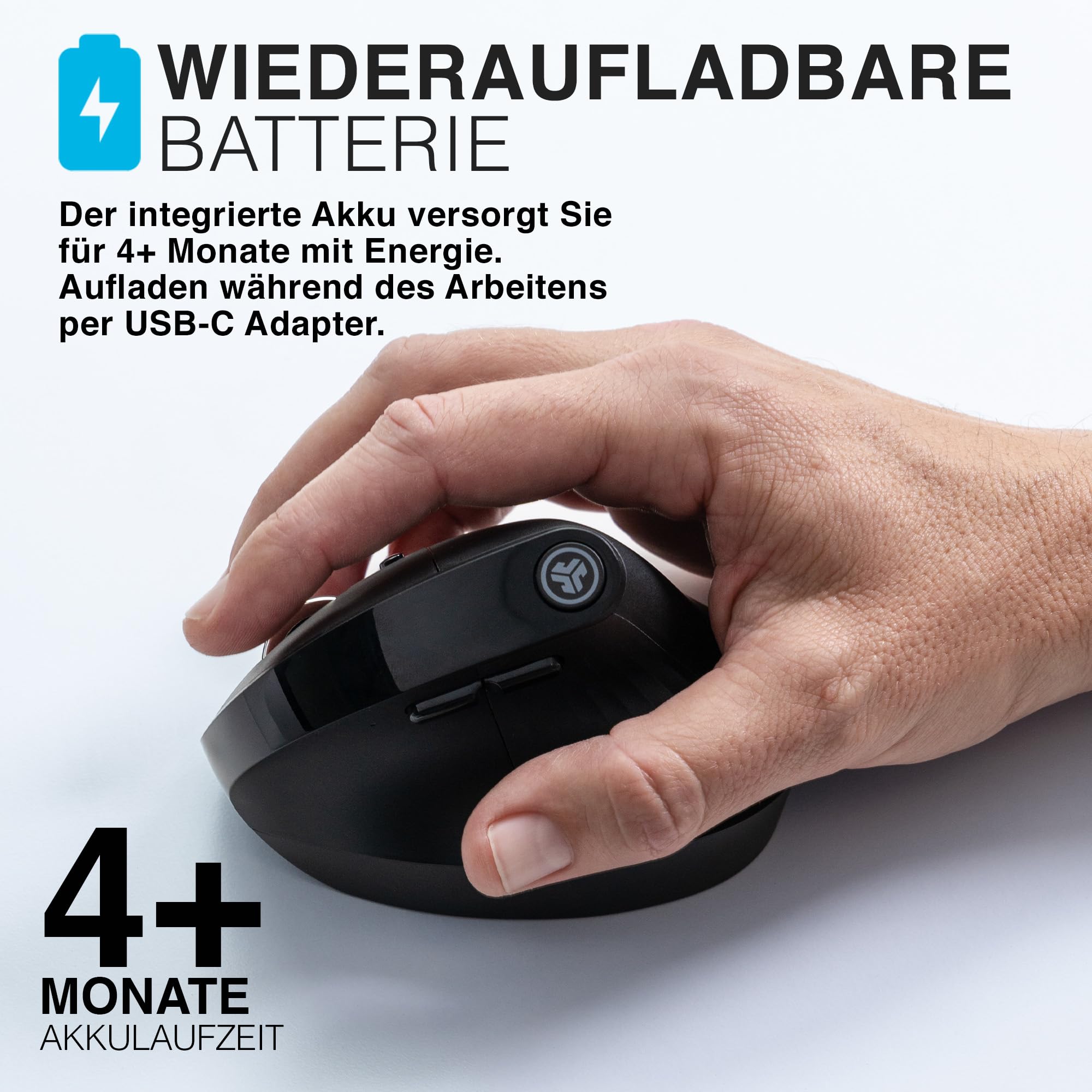 JLab JBuds Ergonomische Wireless Mouse, Verbindung über Bluetooth oder USB für mehrere Geräte, vertikale Maus kabellos, Silent Mouse, wiederaufladbare Funkmaus für Laptop, PC, Tablet, Windows/Mac
