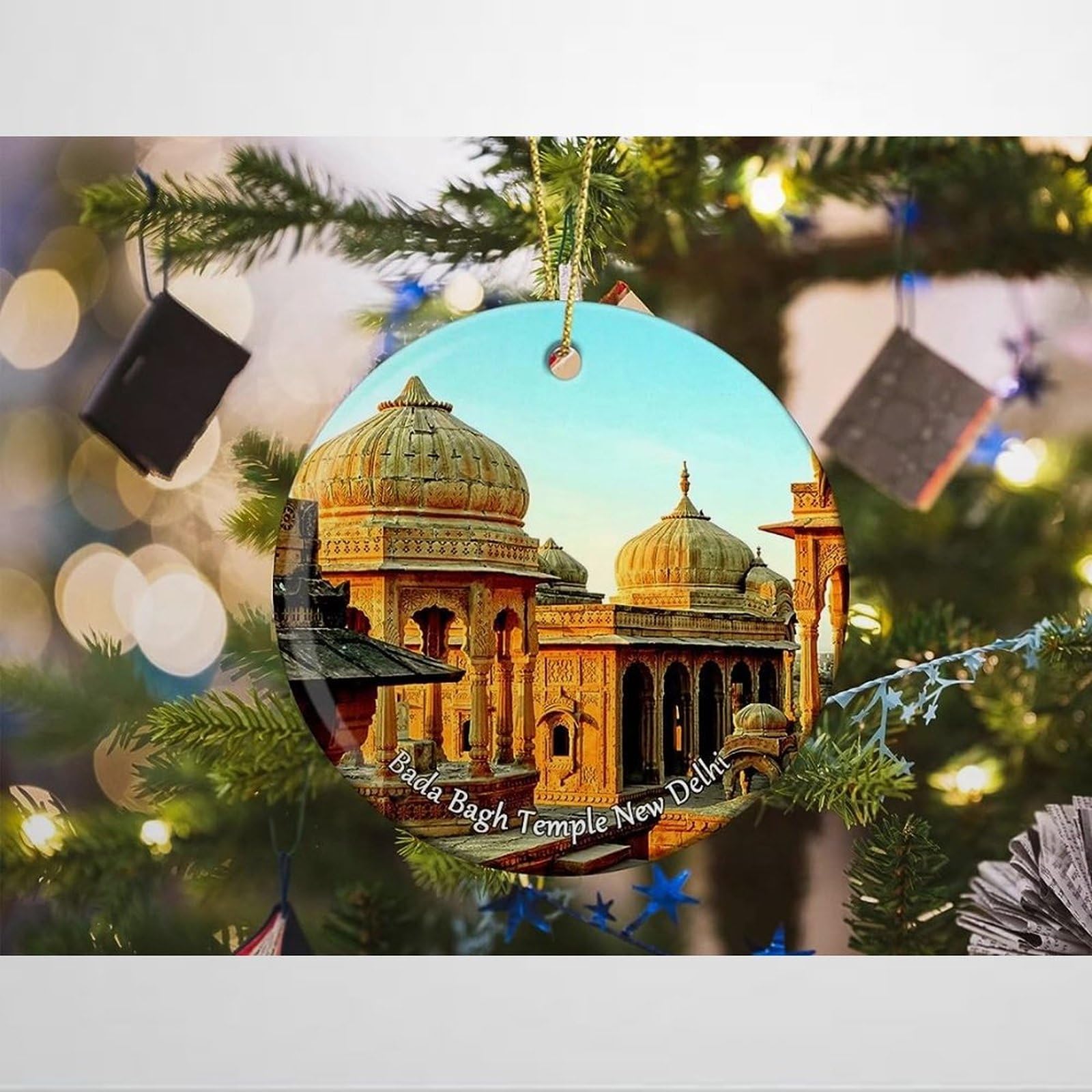 India Bada Bagh Temple New Delhi Christmas Ornaments for Tree Ceramic Pendant Keepsakes Decoration Hotels Workshops Double Sided Printed Ornament Decor Porcelain Travel Souvenirs Xmas Gifts