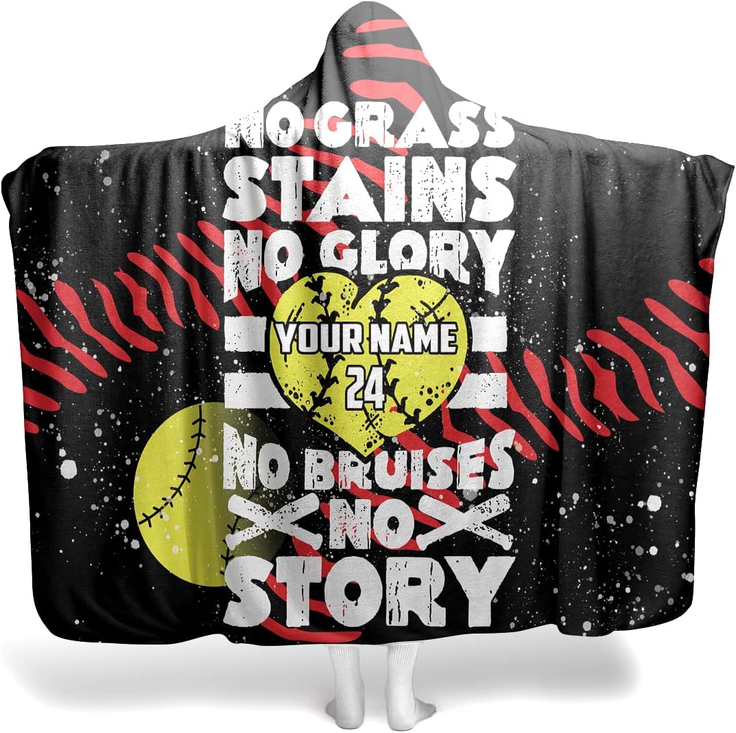 Personalized Softball Hooded Blanket, Softball Wearable Blanket - Plush Warm Fluffy Softball Hoodie Blanket for Couch Travel (No Glory No Story Softball, 50x40/60x50/80x60 Inches)