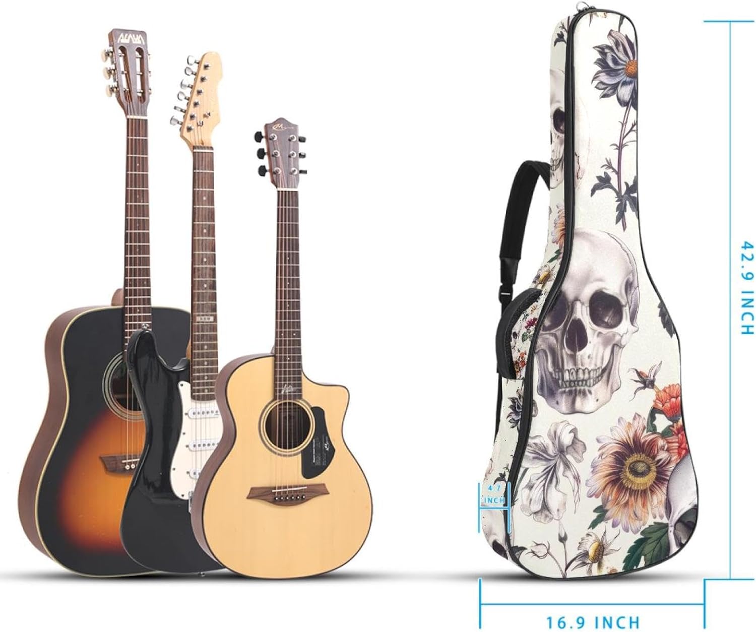 Acoustic Guitar Bag 0.4 Inch Thick Padding Waterproof Guitar Case Gig Bag for 40 41 42 Inch Electric Bass Classical Guitar, Aesthetic Skull with Flowers Vintage Pattern