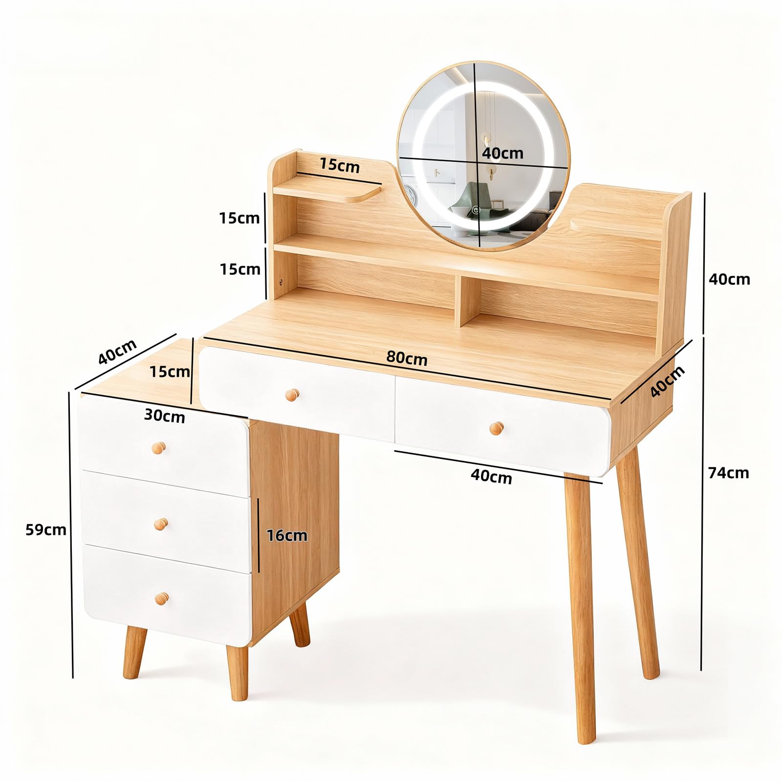 Coiffeuse avec Miroir LED, 3 Couleurs, Table de Maquillage avec 5 Tiroirs et 3 Étagères, Meuble Chambre avec Rangement, Bois et Blanc, Style Moderne, 80 cm - 100 cm Longueur, Blanc et Bois