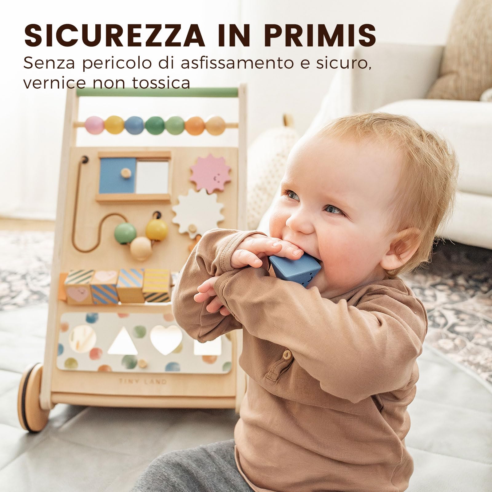 Tiny Land girello in legno, Set Baby Walker, ausilio per imparare a camminare con velocità regolabile per bambini e bambine, ausilio per camminare e centro attività per bambini
