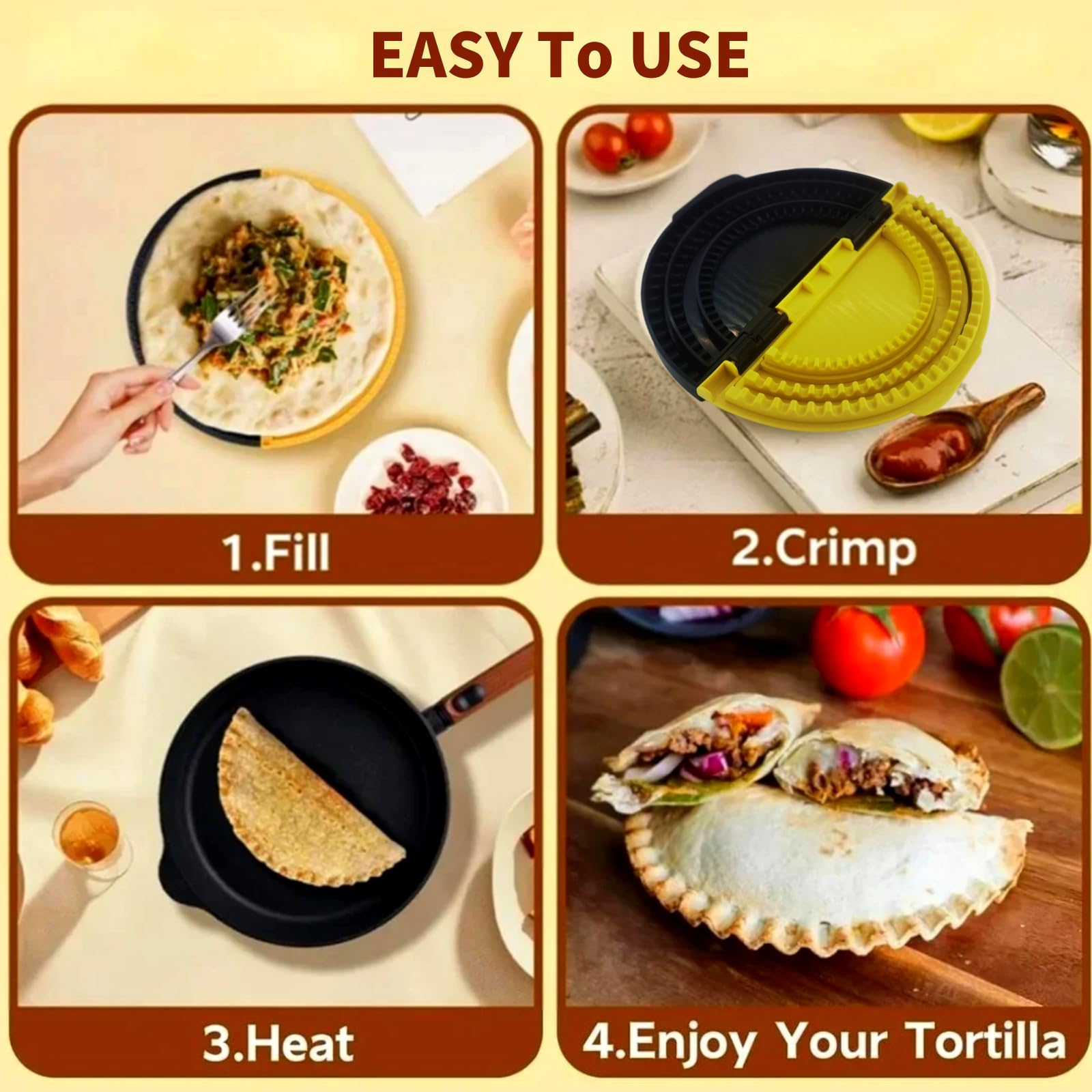 Generic 3 in 1 Tortilla Sealer & Sandwich Crimper Press, Crimper Taco Regolabile per Empanadas, Samosa e Sandwich, Giallo, Nero, Plastica, Moderna