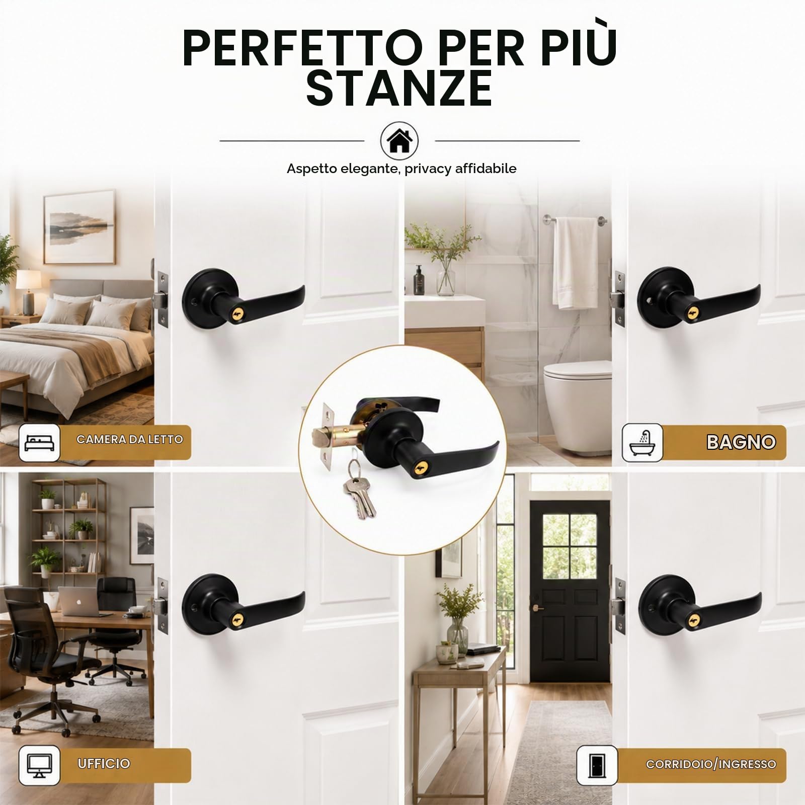 2 Pezzi Maniglia Nera Porta Alluminio Serratura a Leva per Porta Maniglia per Porta Della Camera con Serratura e Chiavi, Maniglie per Porte Interne e Esterni