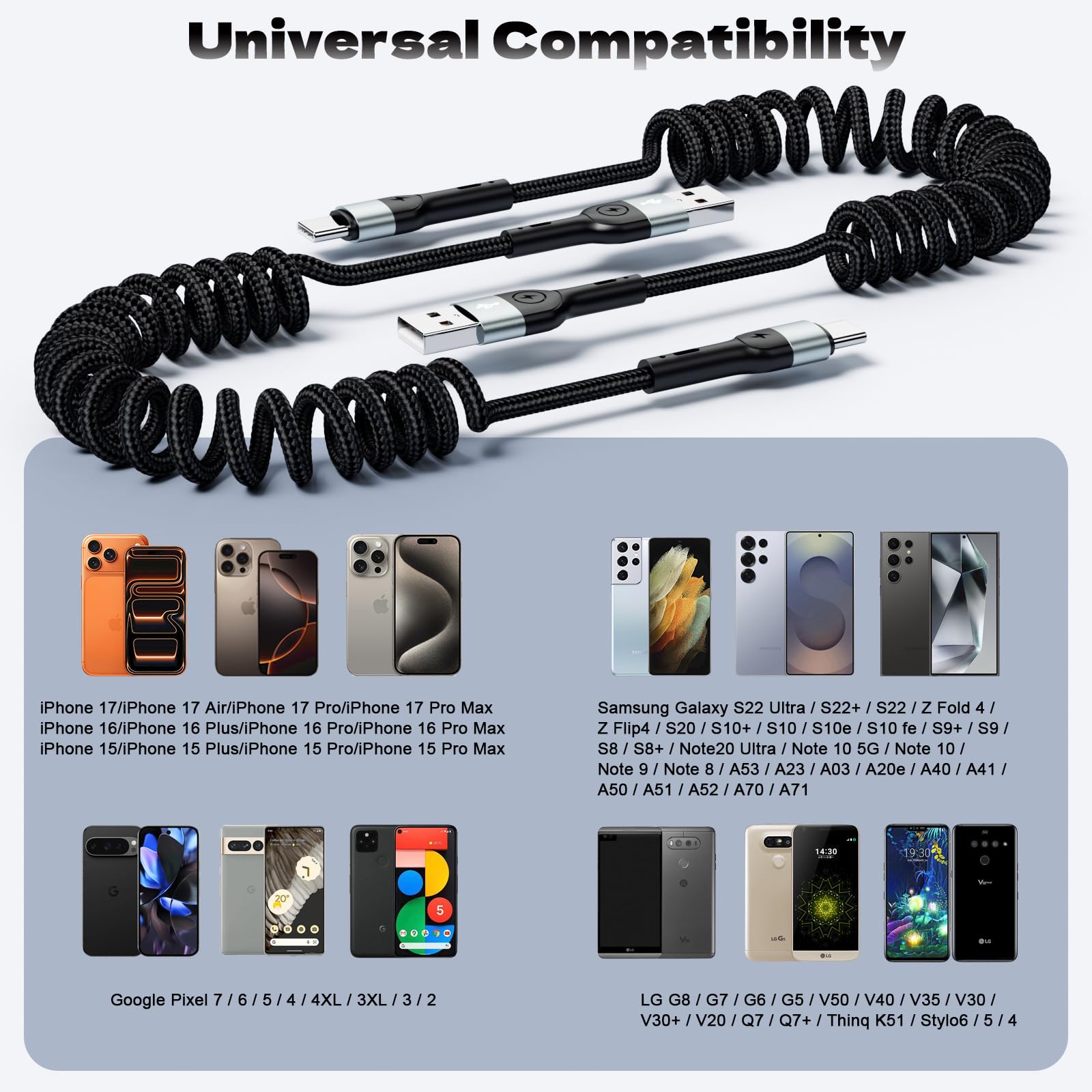 Cable USB A a USB C, paquete de 2 unidades de 4 pies, cable de resorte retráctil en espiral, carga rápida para Apple CarPlay, compatible con iPhone 17, 16, 15, Samsung Galaxy, Google Pixel LG