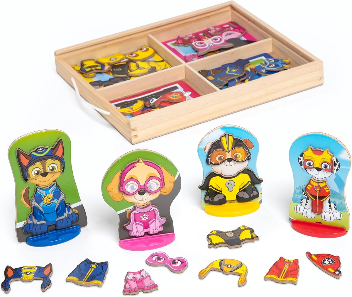 PAW Patrol Wooden Magnetic Pretend Play (64 Pieces) | 64 Pieces, 4 Magnetic Wooden Pups, 48 Clothing Magnets, 8 Cards, Carry Case, Pretend Play, Preschool Toys for Kids, Ages 3+