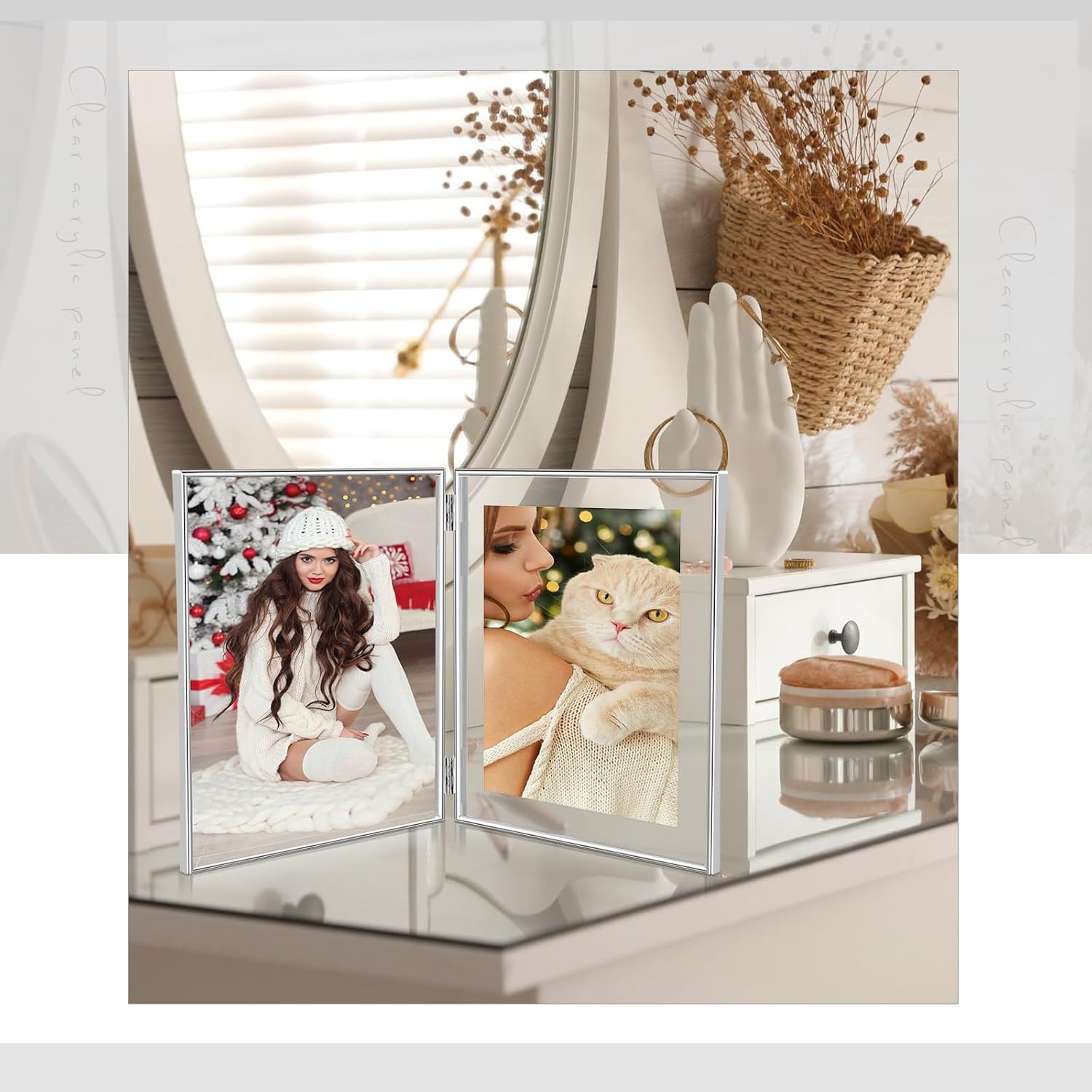 Sintuff 8" x 10'' Brass Double Picture Frame Clear Double Folding Hinged Frame Acrylic Memorial Photos Displayed Stand for Desktop Artwork Plants Specimen Graduation Christmas Gifts(Silver)