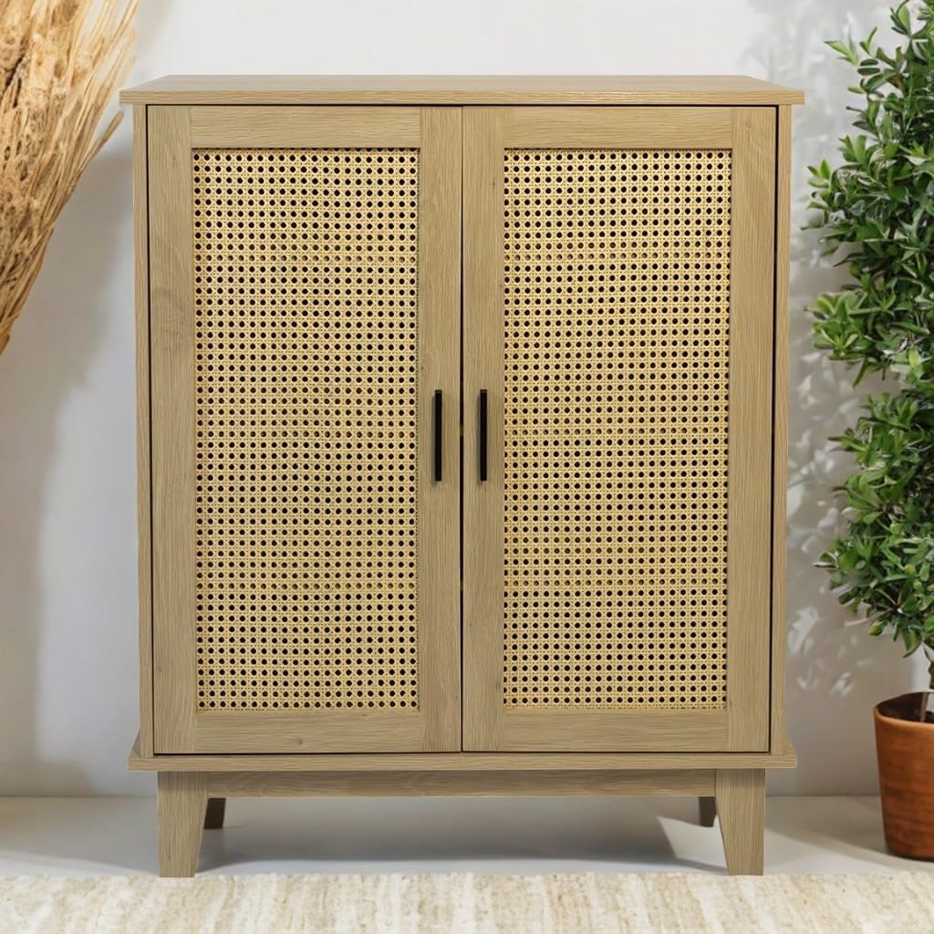 Box and beyond Cassettiera in eucalipto – Porte in canna, naturale, 80 x 34 x 96 cm, FSC 100%