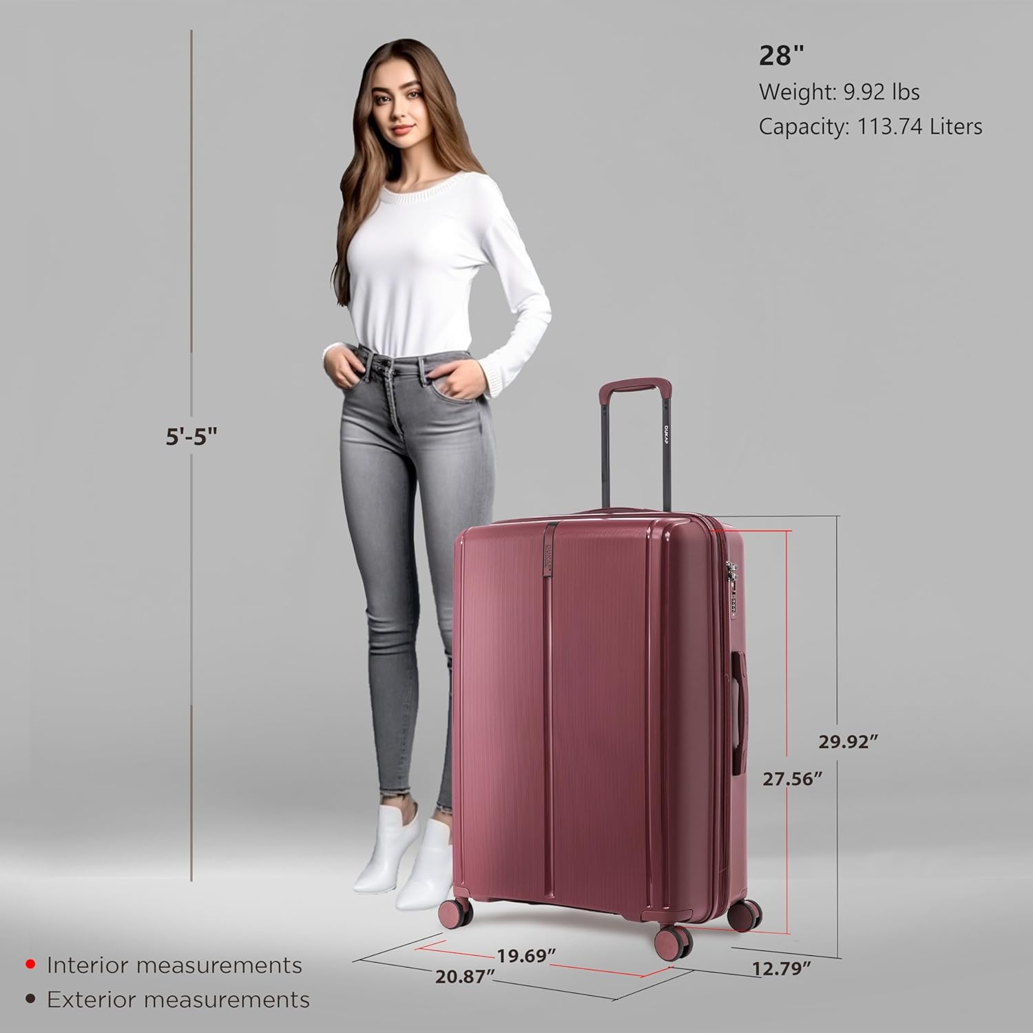 DUKAP AIRLEY Expandable Luggage with Spinner Wheels | 28 in Large TSA Approved Hard Shell Travel Suitcase with Combination Lock, Retractable Trolley, Side Studs, and Gel Handles | Wine
