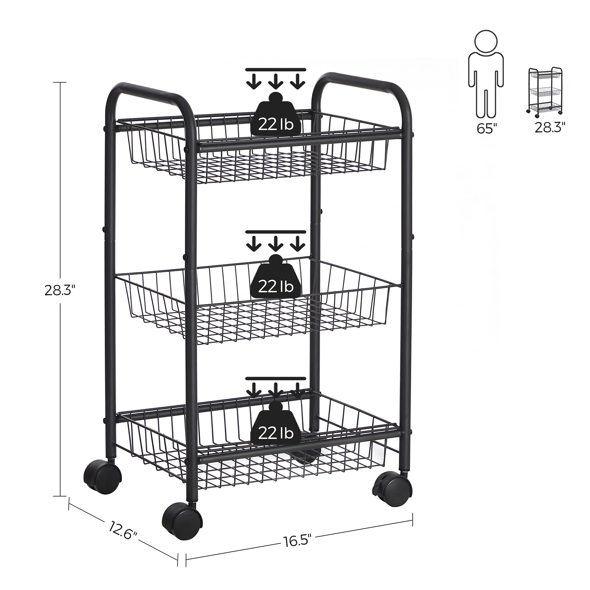 Buy SONGMICS 3Tier Metal Rolling Cart on Wheels with Baskets, Lockable