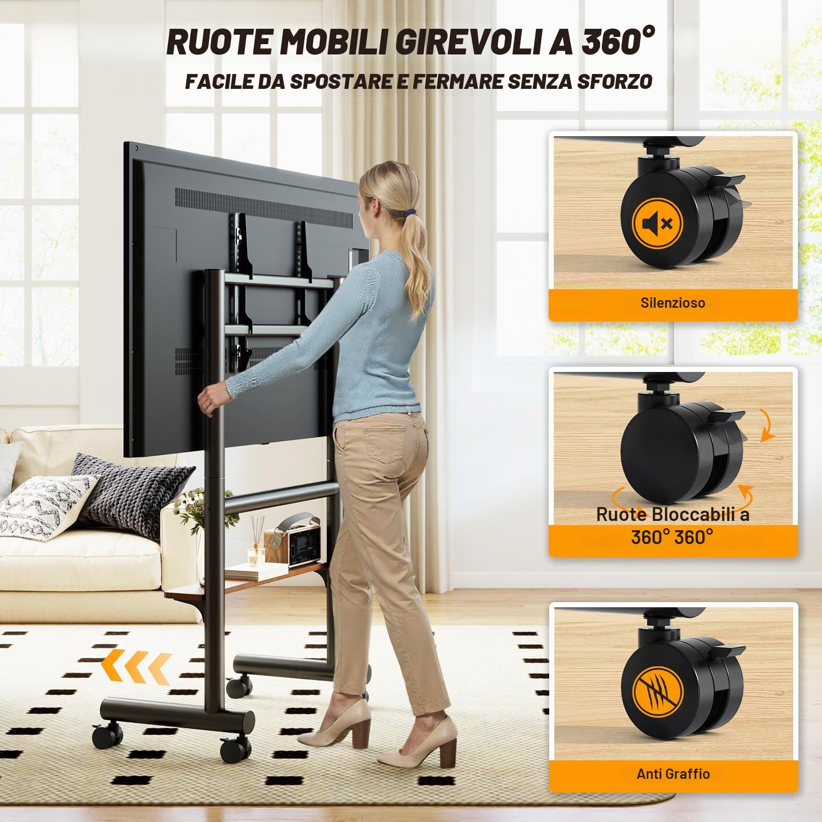 5Rcom Supporto TV Mobile con Ruote per Televisori 40-85 Pollici, Carrello TV Resistente con Ripiano & Portata 60kg – Design Regolabile, Mobilità Facile & Salvaspazio, Telaio Nero