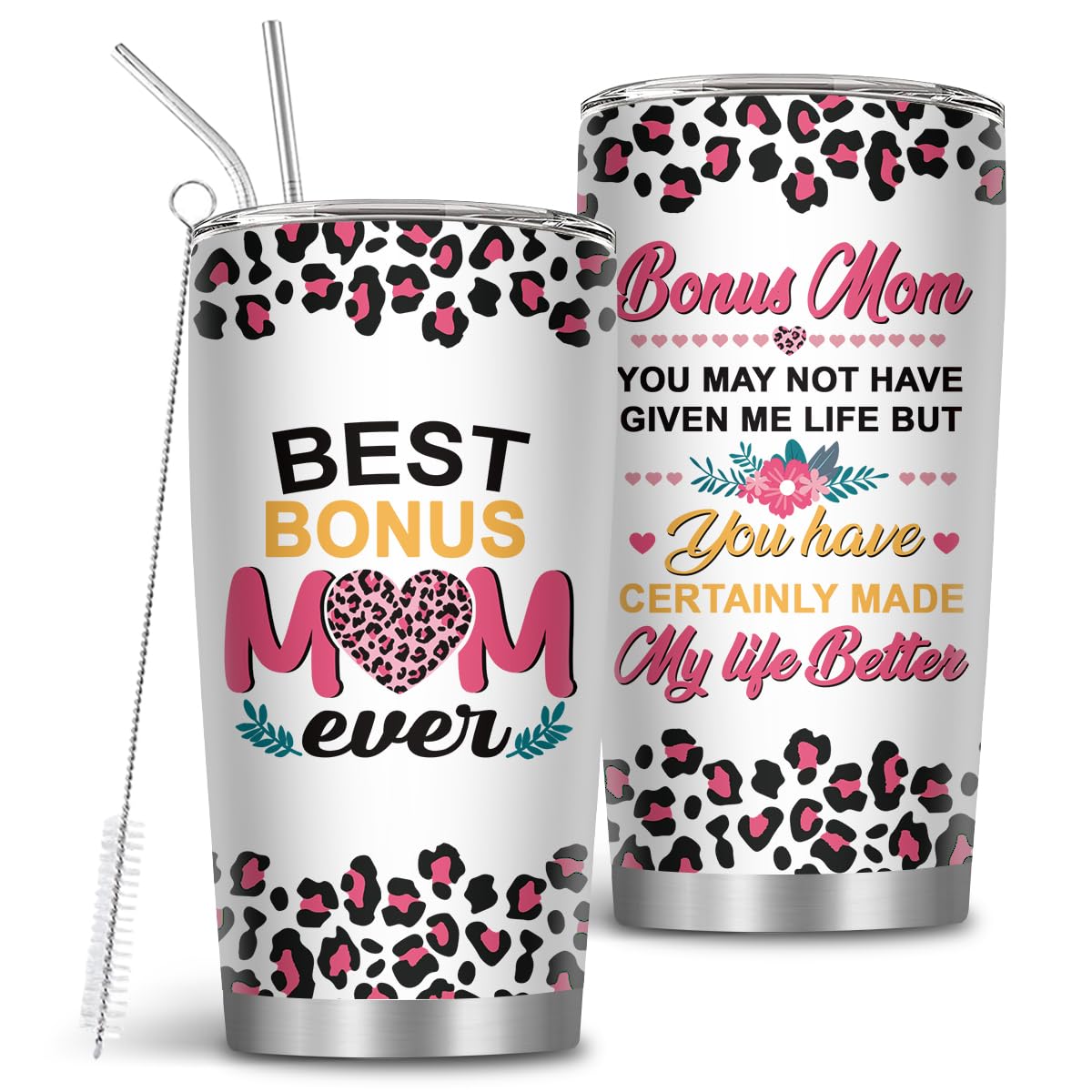 Bonus Mom Gifts, 18/8 Stainless Steel 20 Oz Bonus Mother Tumbler with Brush & Straw, Gift for Stepmom, Step Mama Birthday Present, Mom Gift, Stepmama Present, Gifts for Mothers Day