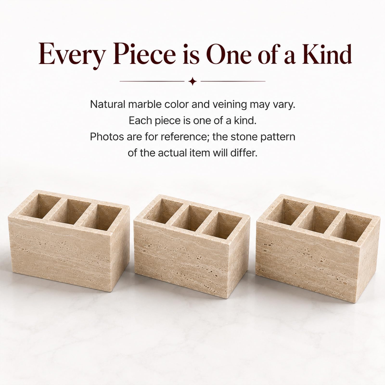Organizer da scrivania in travertino, 3 scomparti | Per penne, pennelli da trucco, forniture per ufficio e decorazione del bancone del bagno, 15 x 10 x 10 cm