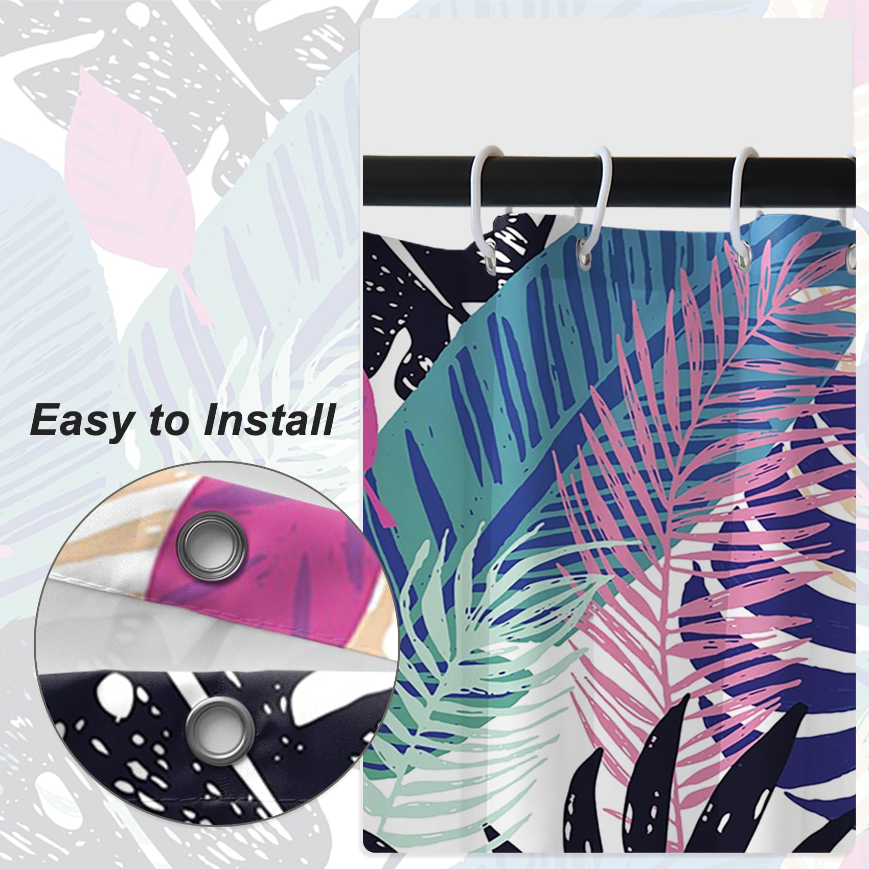 Rideau De Douche Bohème 180x180cm - Imprimé Plantes Tropicales - Imperméable Et Lavable - Avec Crochets