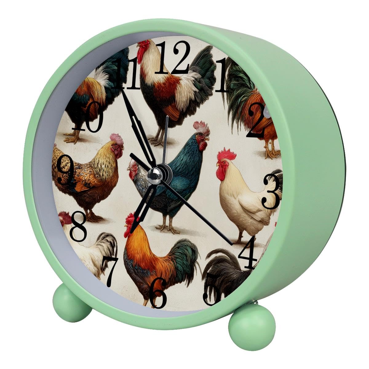 Luoweisi Alarm Clock Chicken Rooster Hen Breeds, Silent Non-Ticking with Night Light, Round Metal Alarm Clock for Office, Battery Operated, Bedroom, Elderly, Adults, Children, Student Gifts