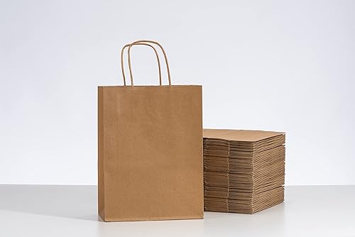 RACETOP Bolsas de regalo marrones con asas a granel, 8 x 4.5 x 10.8 pulgadas, 50 bolsas de regalo marrones para bodas, fiestas de cumpleaños, baby