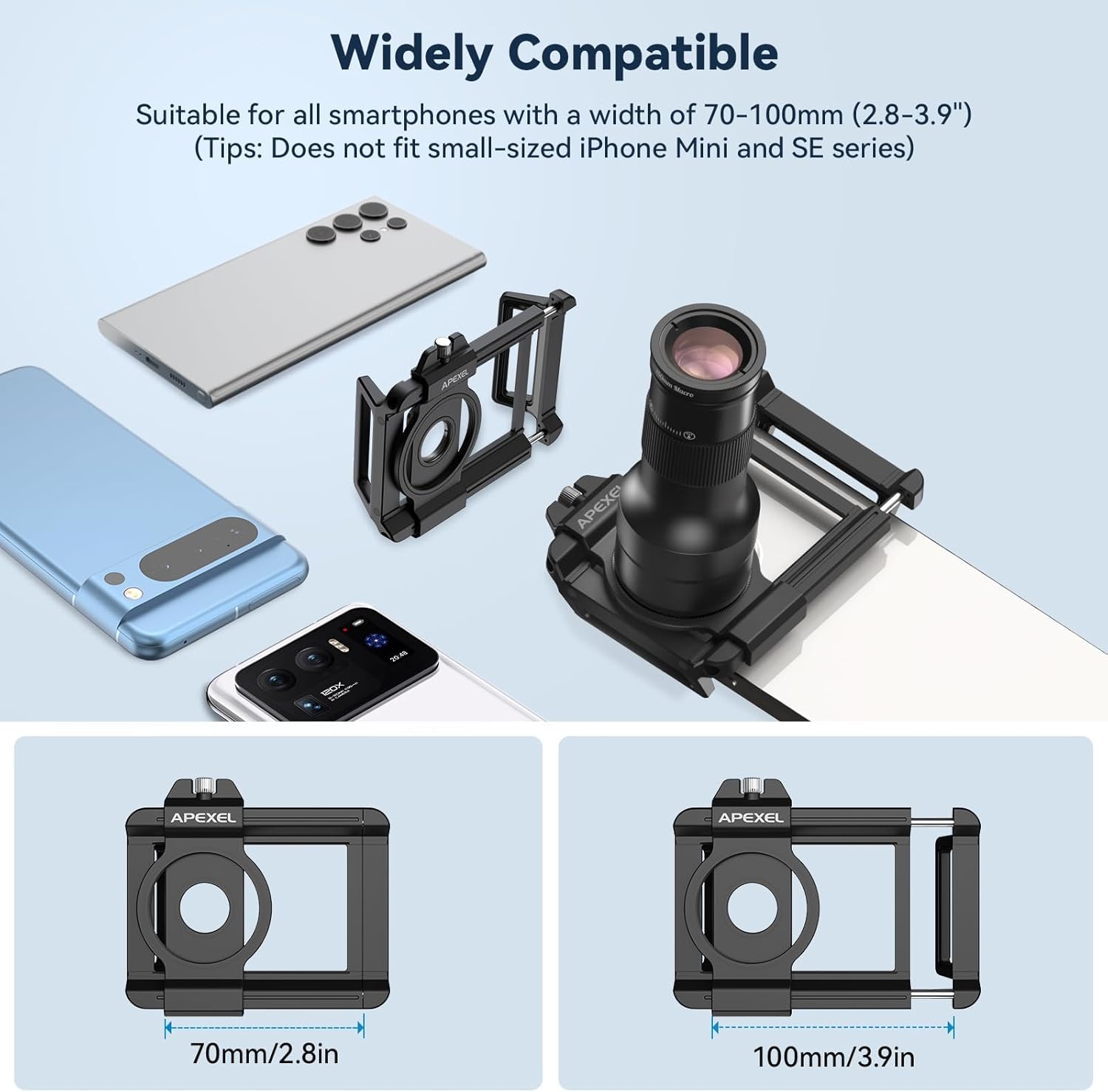 Image showing the universal clip's compatibility with various smartphone models and its adjustable width