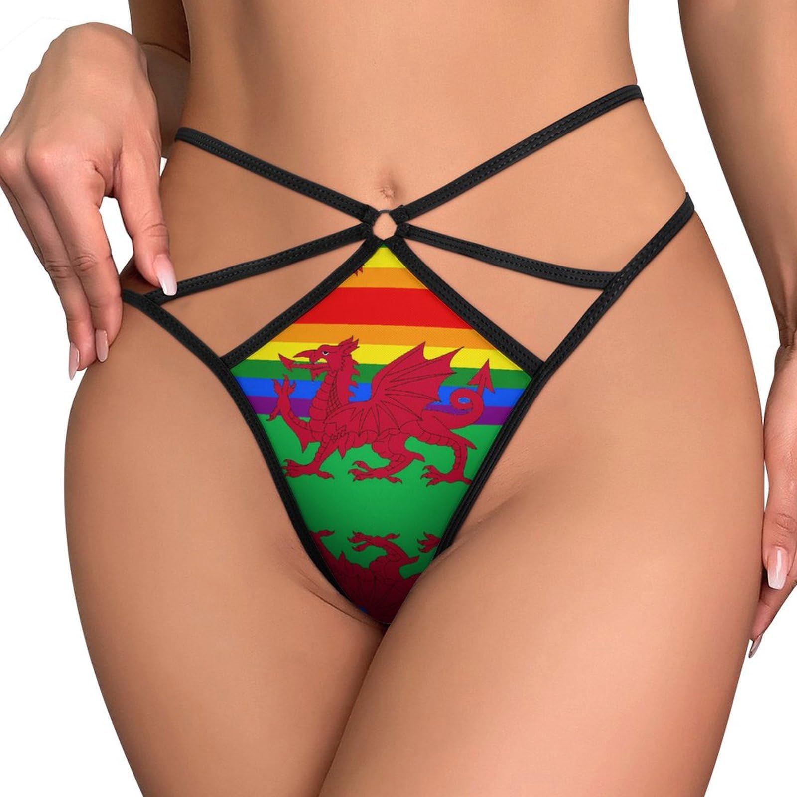 Peiyeety Women's Back Gay Pride Flag Of Wales Printed T- Thong Panties G-String Novelty No Show Underwear