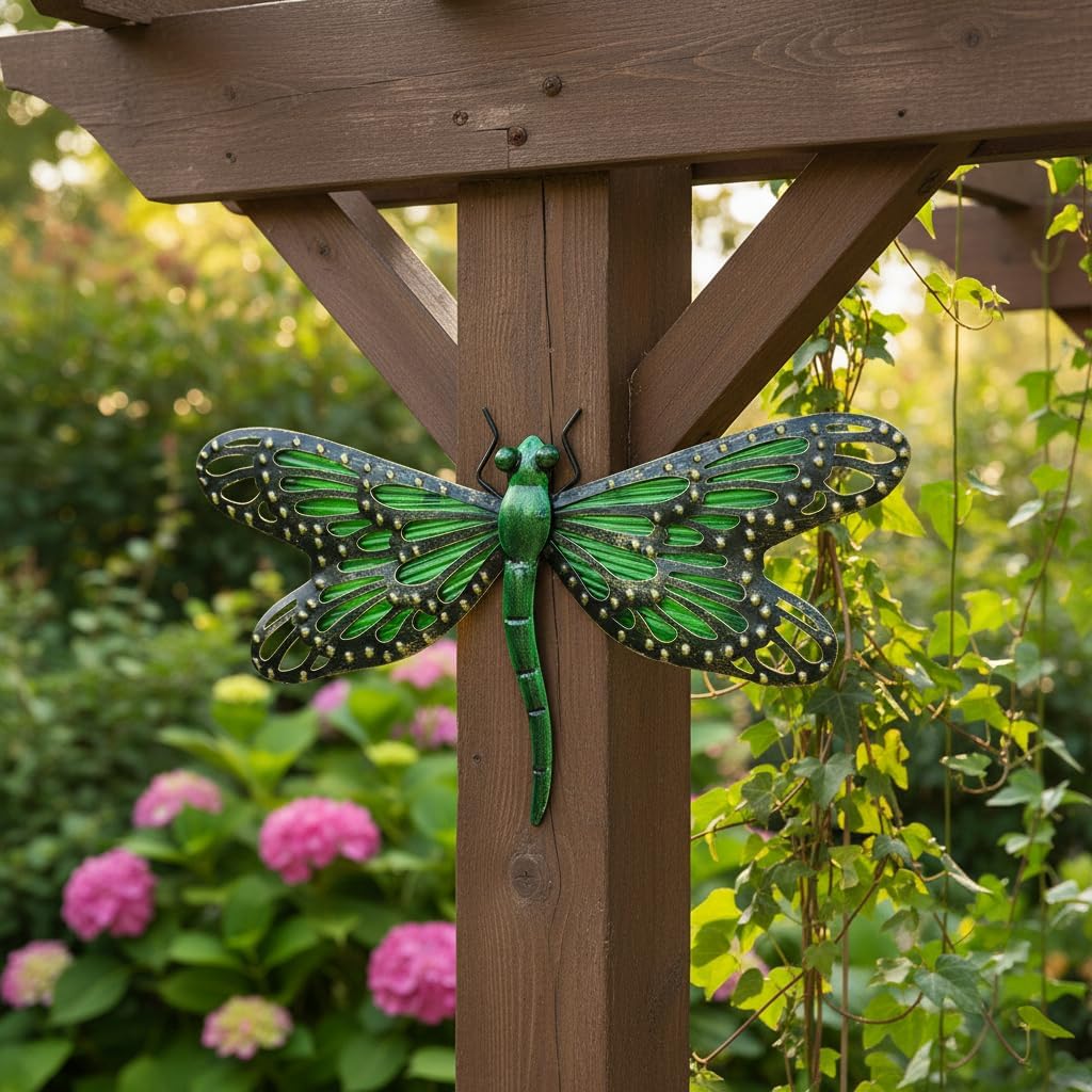 Comfy Hour 12" Decorative Metal Dragonfly Wall Decor, Green 3D Nature Inspired Sculpture for Garden & Patio, Artisan Crafted Iron Outdoor Hanging Accent, 1 Unit