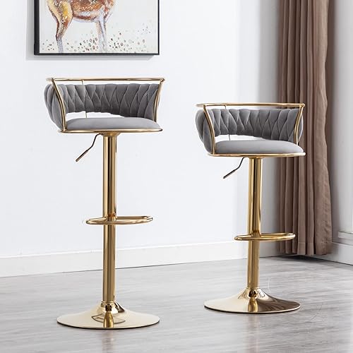 Miniatura 9 de LukeAlon Moderno juego de 2 taburetes de bar ajustables de terciopelo, taburetes giratorios de 360° con base dorada, sillas de bar altas tapizadas