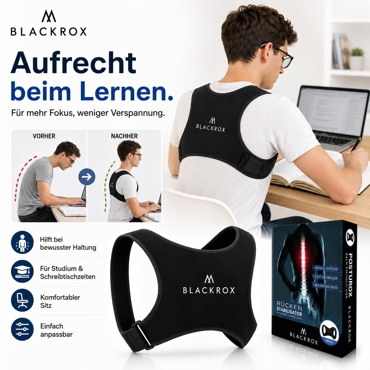 Blackrox Rückenstabilisator Vergleichssieger Haltungskorrektur für Schulter & Rücken Geradehalter Verstellbare Größe Damen Herren, Schwarz, one size