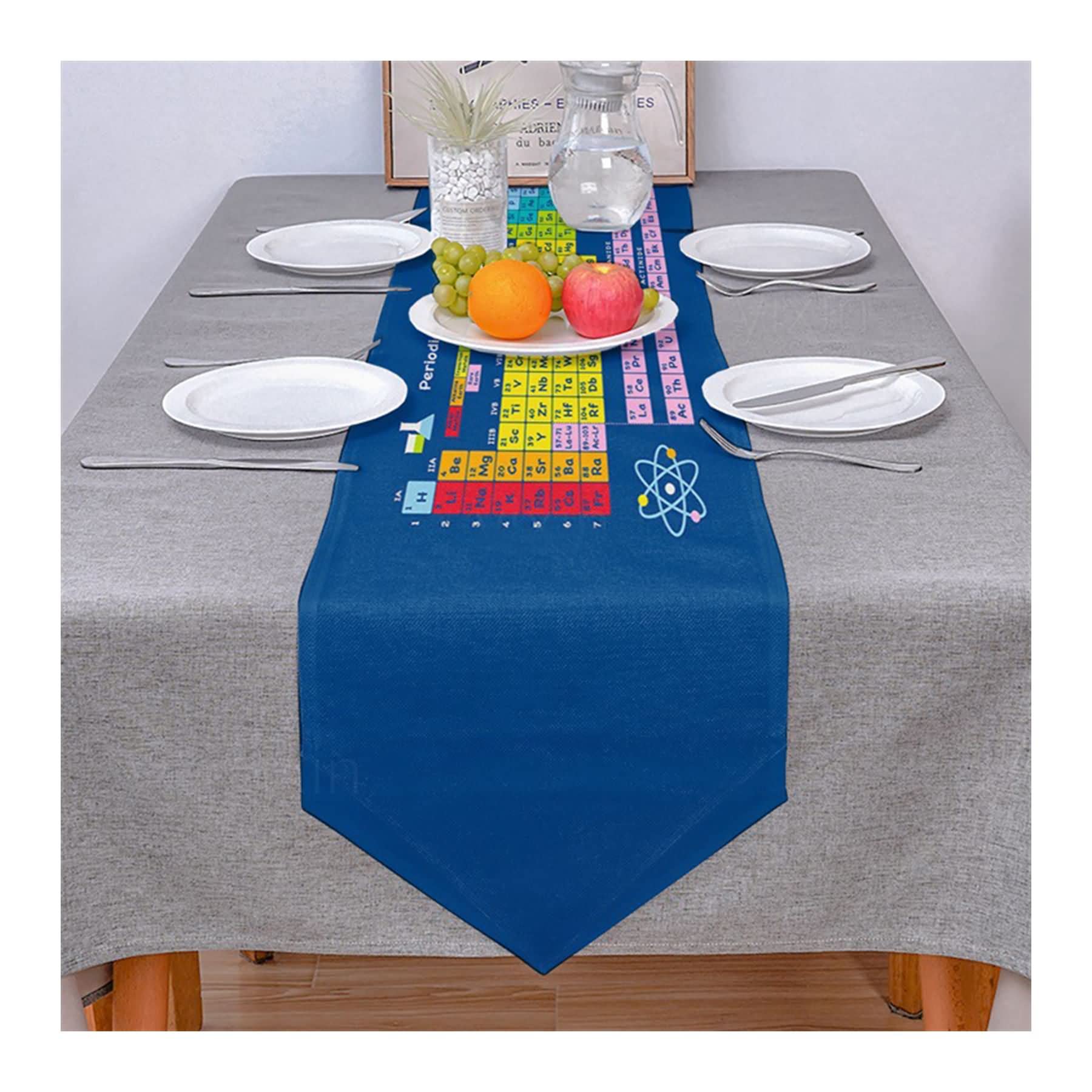 Chemin de table coton lin tableau périodique bleu table d'extérieur