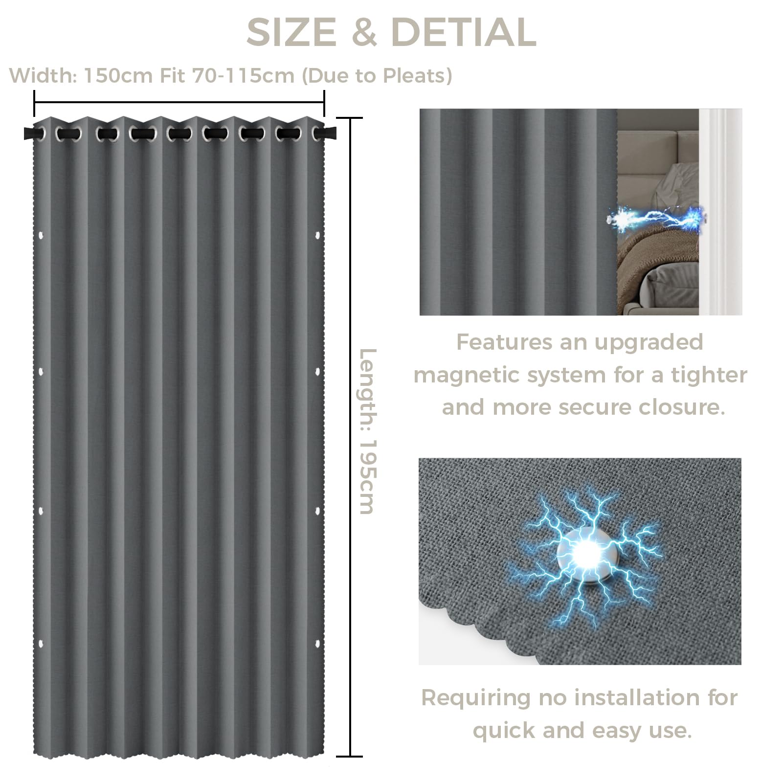 Cortina de Puerta Magnética Opaca - Incluye Barra Telescópica Ajustable Cocina, como Cortina Separadora de Habitaciones, Cortina para Armario sin Puertas y Dormitorio, Gris