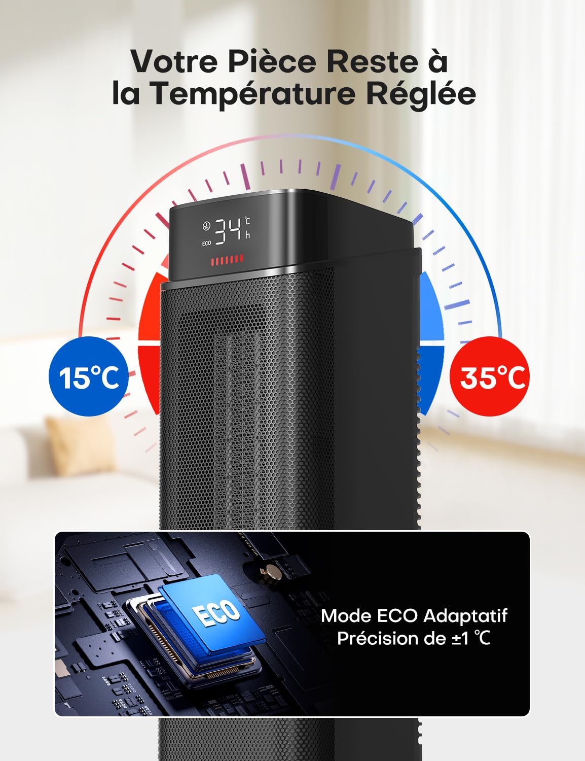 QEXREED Chauffage d'appoint, Chauffage PTC 2000W avec 4 Modes, Mode Éco, Oscillation 90°, Minuterie 24H, Télécommande, Silencieux et Puissant avec Protection contre Surchauffe et Chute pour la Maison