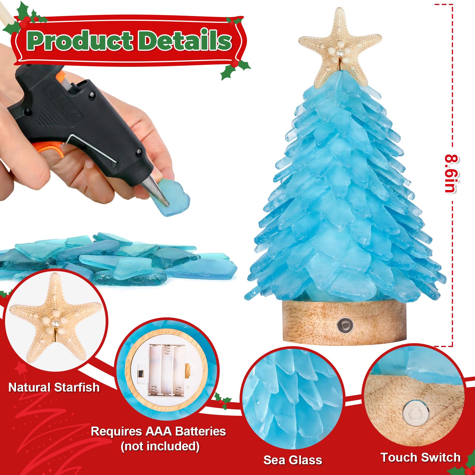Sapin de Noël en verre bleu – Mini sapin de Noël fabriqué à la main avec lumières LED 3 couleurs, centre de table – Idéal pour Noël, Nouvel An, décoration d'intérieur, décoration de vacances côtières