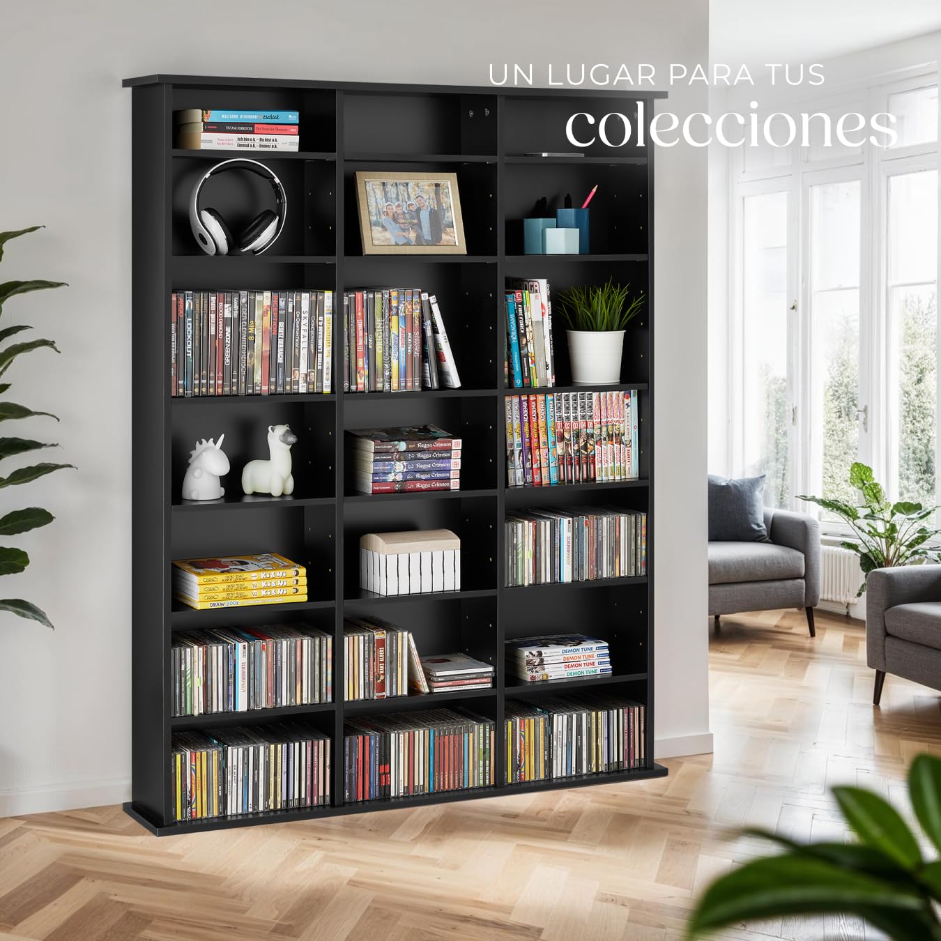 tectake® Estantería Pared con Efecto Madera, 21 Compartimentos, Estantes Ajustables en Altura y Extraíbles, Estantería Libros y Cds, Elegante Mueble Almacenaje, Superficie Resistente - Negro