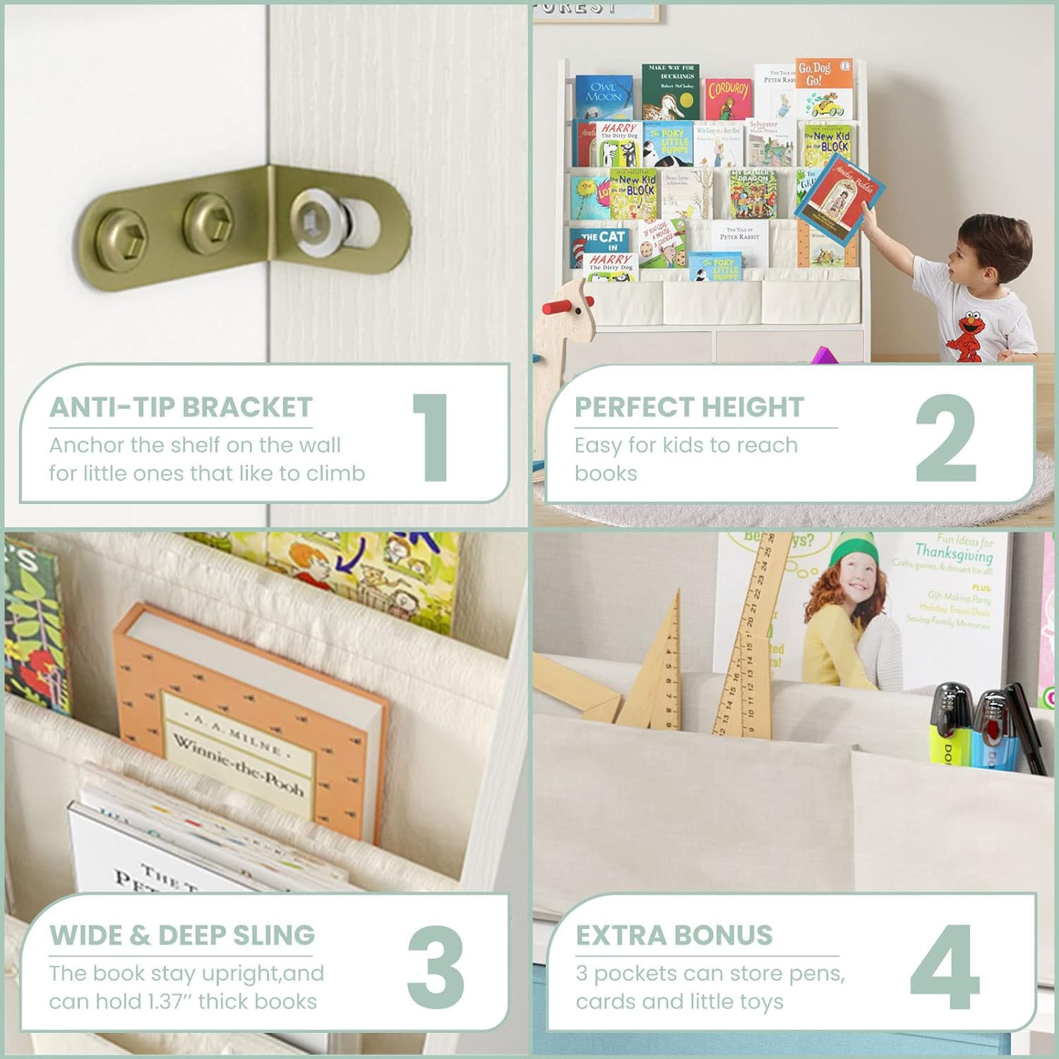 HEYOUTH Scaffale Libri Montessori in Legno Massello con 2 Contenitori e 4 Ripiani Aperti - Mobile Bambini, Libreria con Anti-Ribaltamento 86x70x28cm