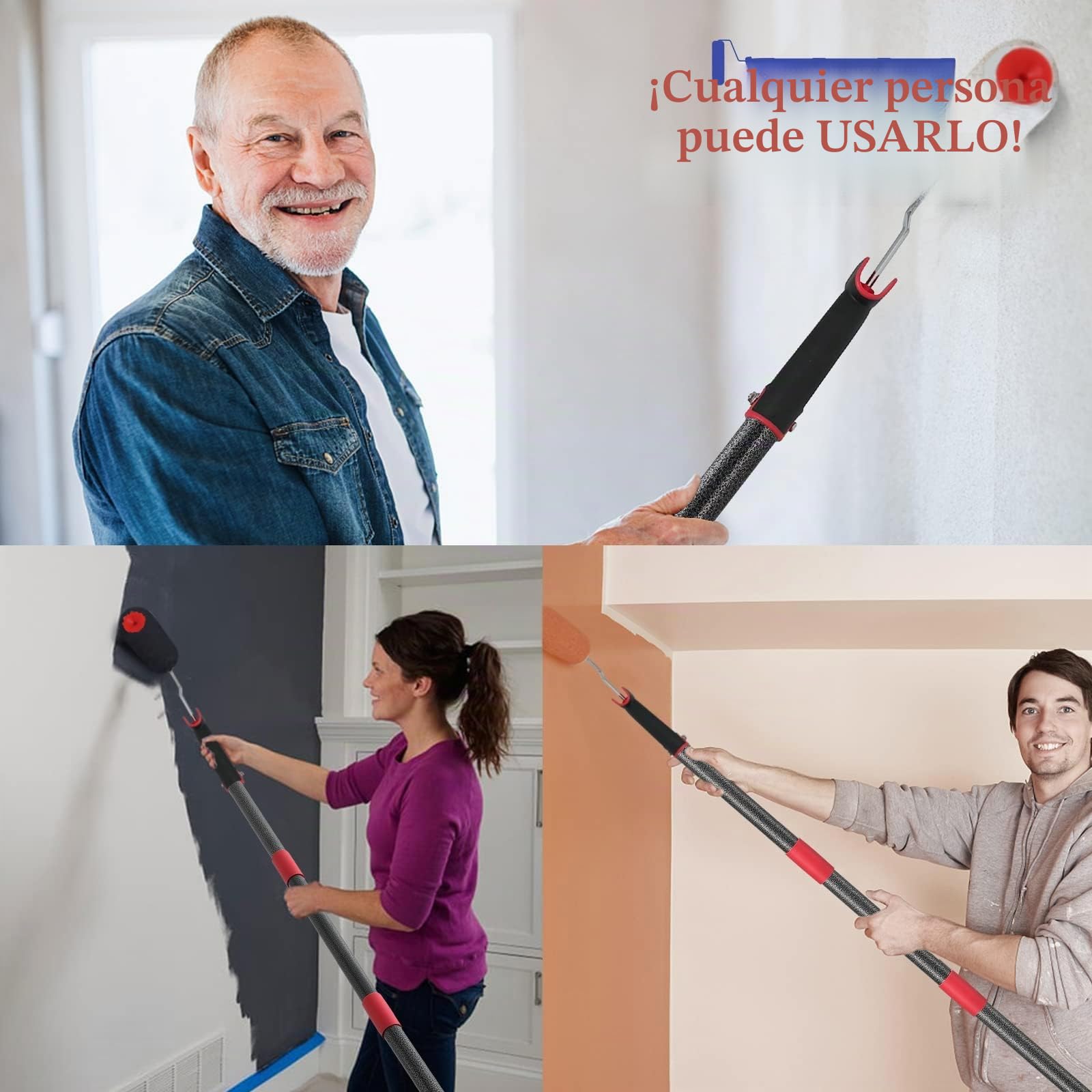 Rodillo de pintura, 70 – 180 cm, barra telescópica, rodillo de pintura multifunción, juego con cepillo de pintura para casa, barra de acero inoxidable para paredes y techos, color gris