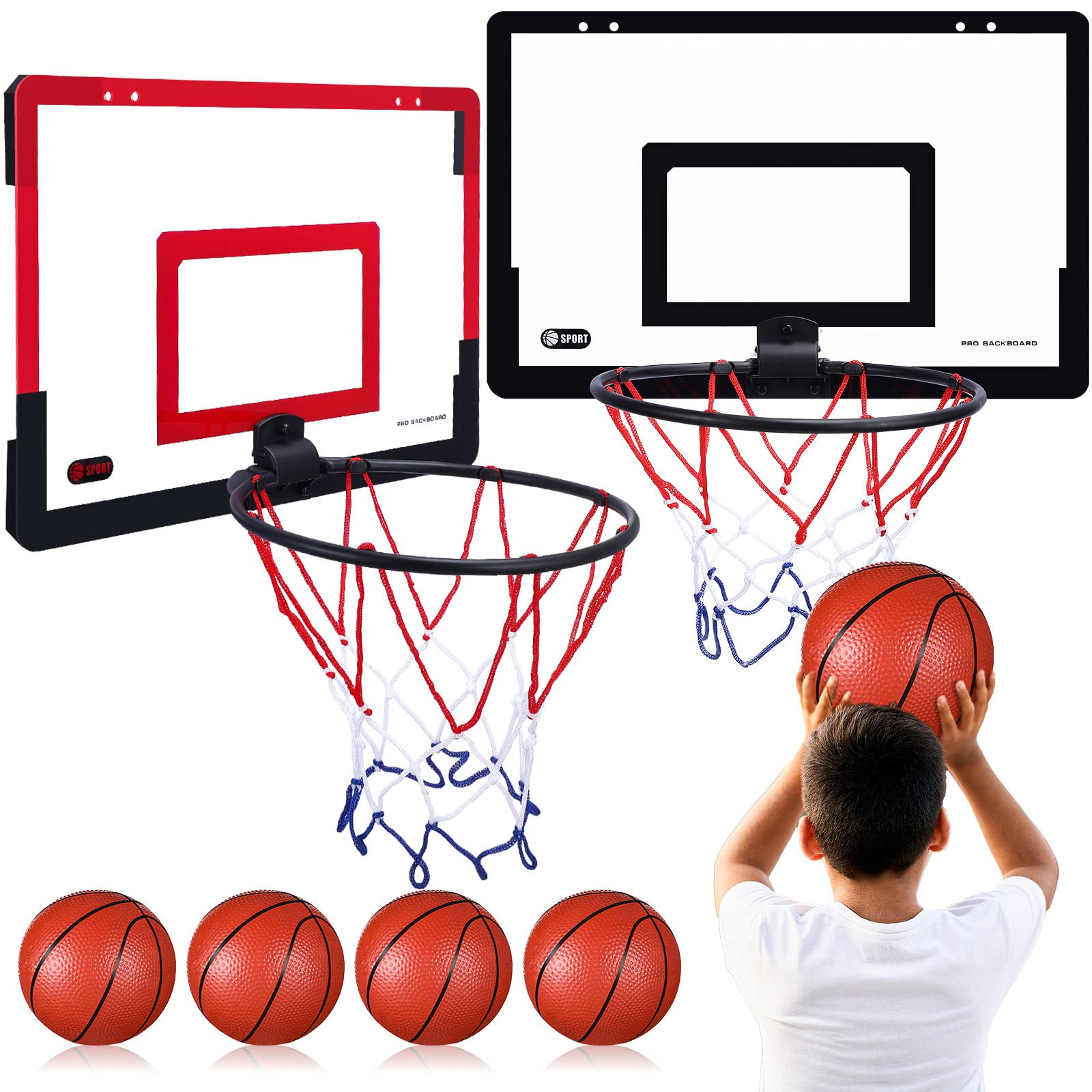 Sosation 2 Pcs Mini Basketball Hoop with 4 Basketball, Sticky Hook, Pump, Indoor No Drilling Basket Ball Hoop Decompress Game for Kid Adult Gift