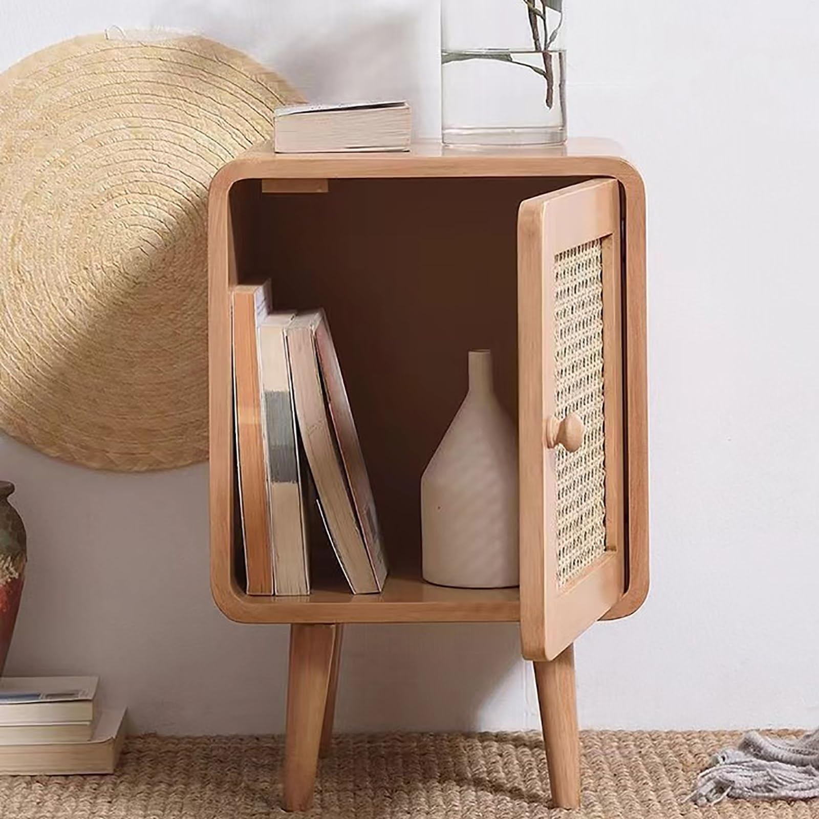 Comodino In Stile Rustico, Tavolino con Dettagli In Rattan per Camera da Letto Dormitorio e Piccoli Spazi(Natural)