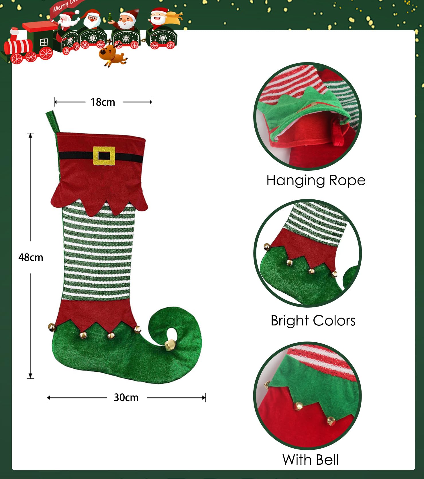 DONGKER Weihnachtsstrumpf 56cm - Elfen Design Mit Glöckchen Für Kamin